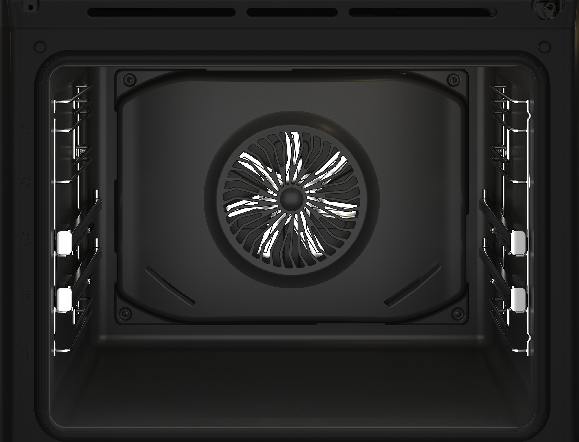 Wnętrze czarnego piekarnika. Wentylator pośrodku. Półki piekarnika po obu stronach.