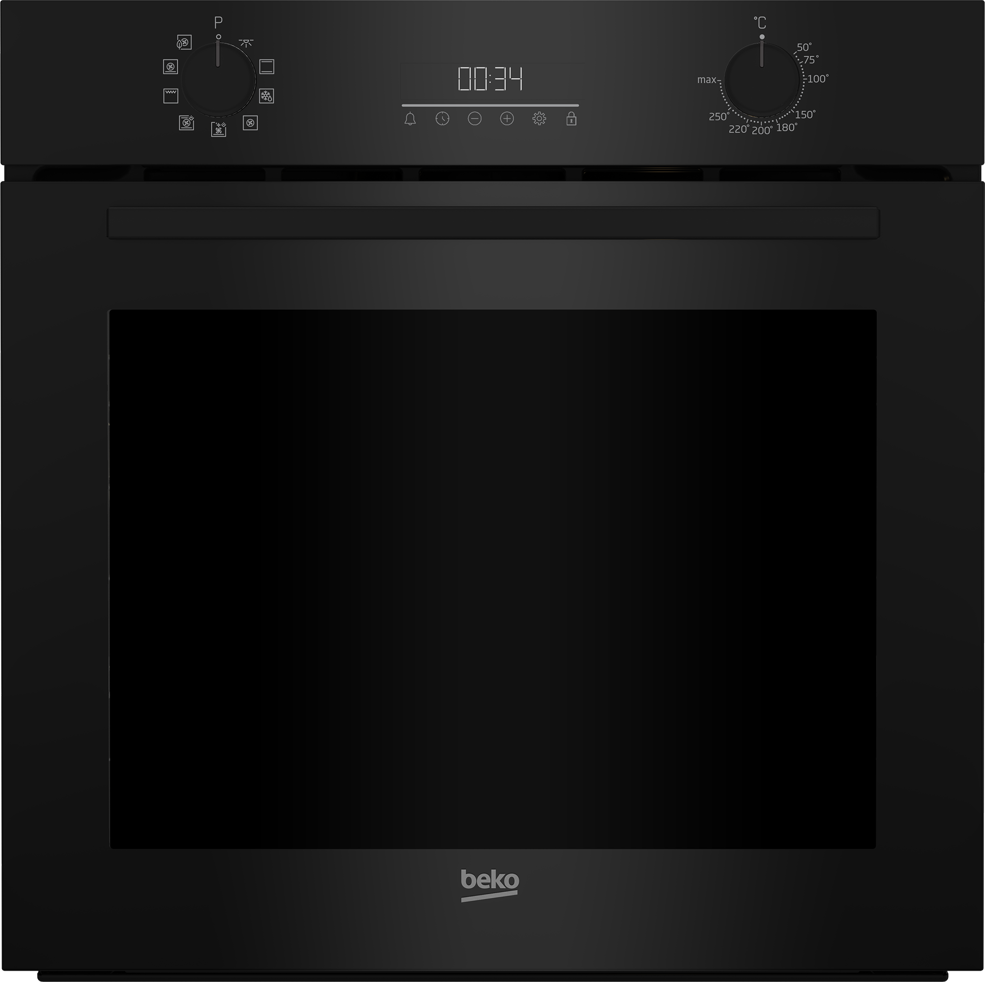 Czarny piekarnik z pokrętłami, cyfrowy zegar 00:34 i szklane drzwi. Marka to 'beko'.