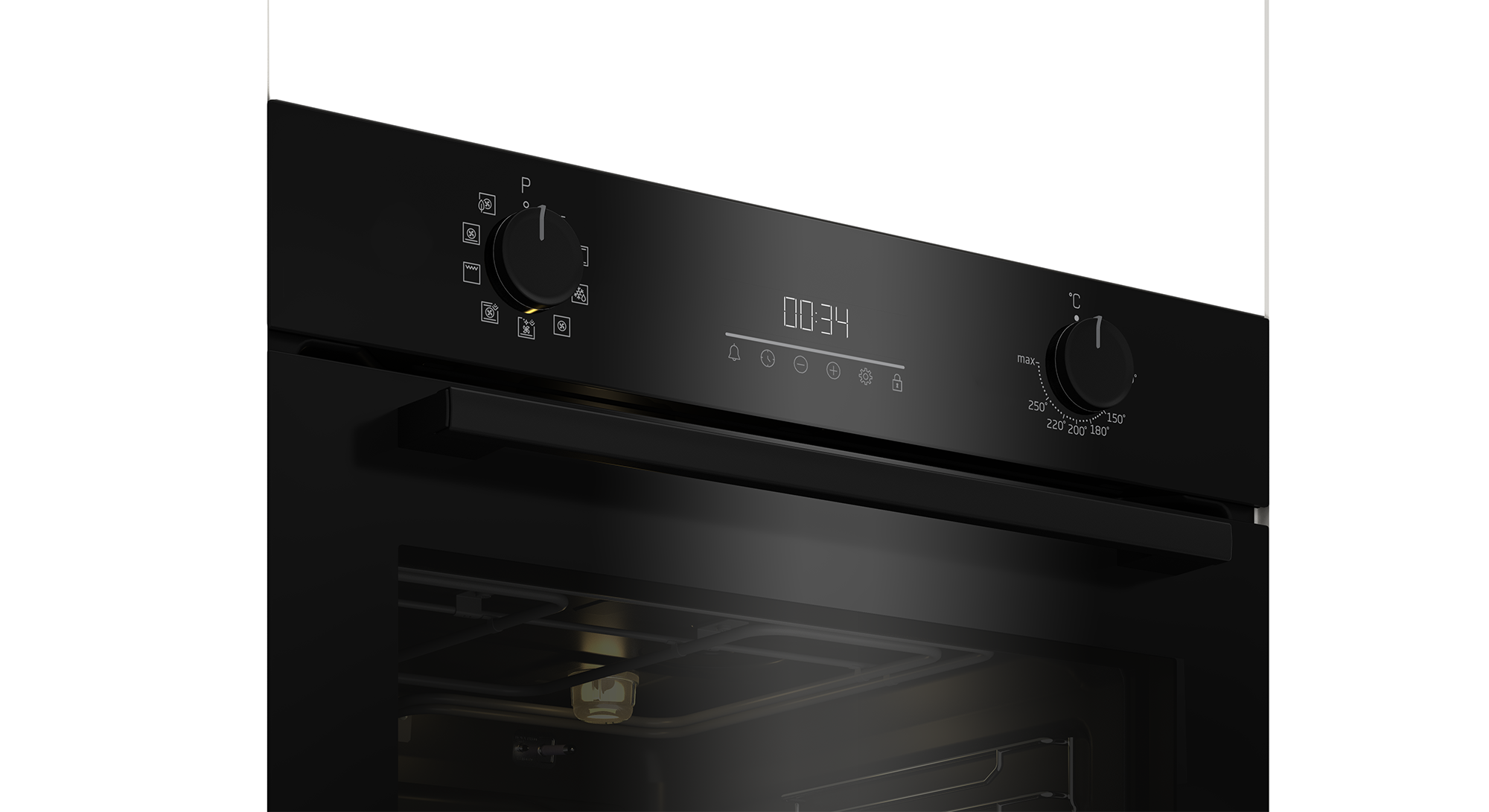 Czarny panel sterowania piekarnika z pokrętłami, wyświetlacz cyfrowy z czasem i ustawieniami temperatury. Drzwi piekarnika częściowo otwarte.