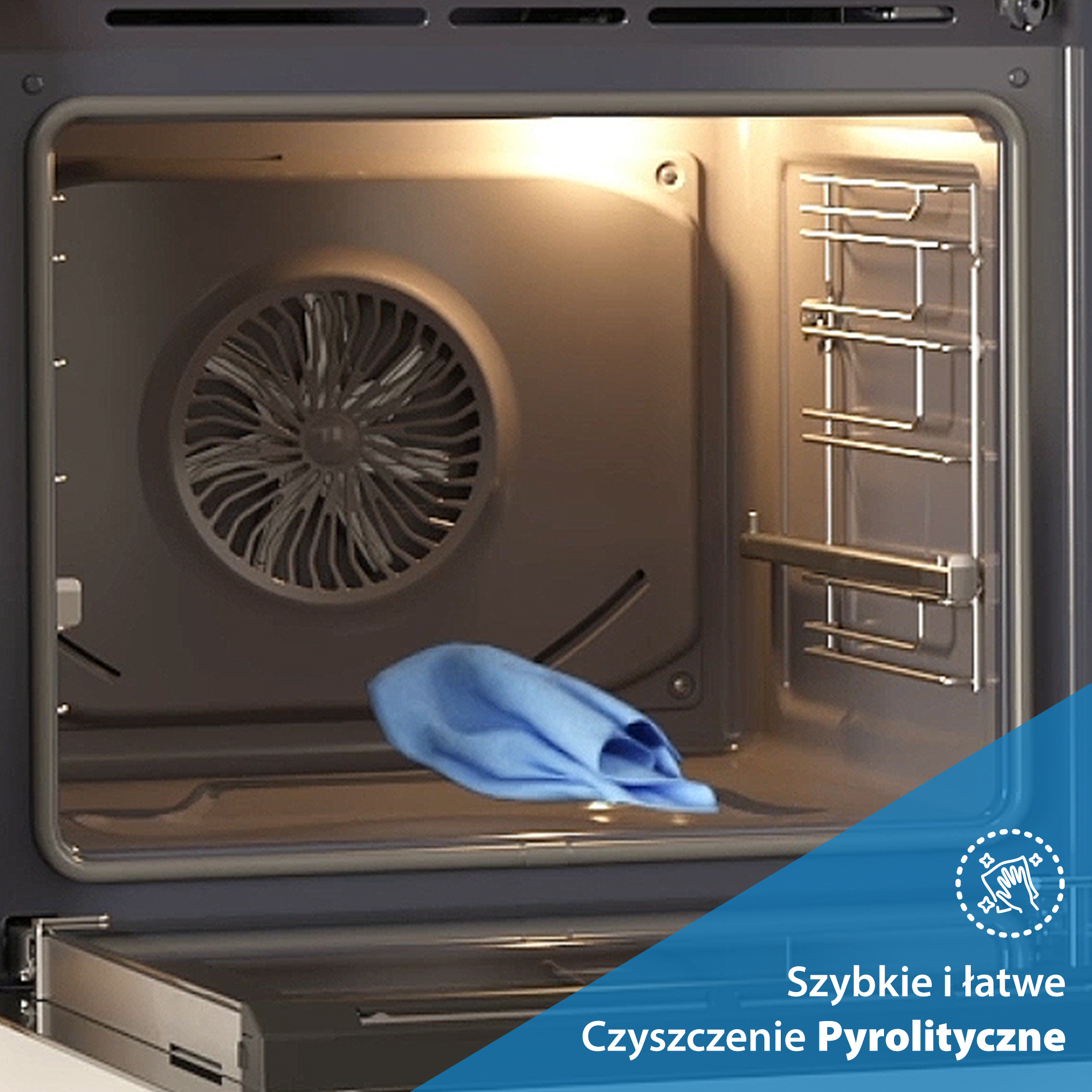 Wnętrze piekarnika z niebieską szmatką. Piekarnik ma wentylator, ruszty i światło. Tekst: czyszczenie pirolityczne.