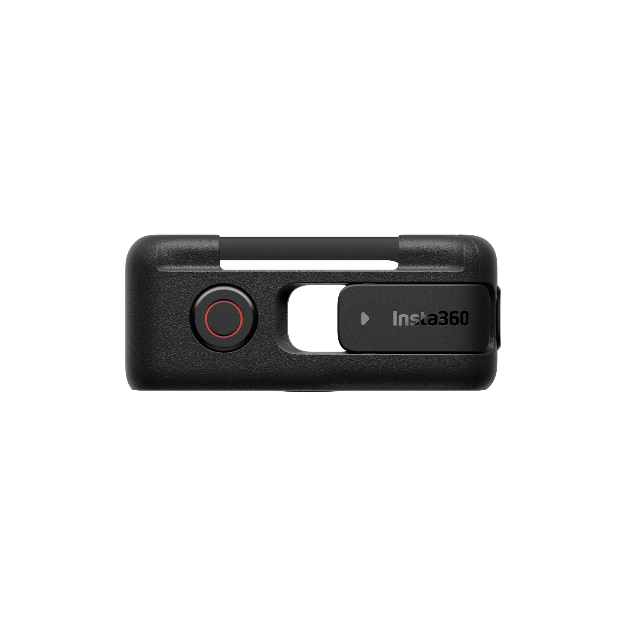 Schwarze Insta360-Kamera. Roter Kreiskopf links. Insta360-Logo rechts. Dunkler Hintergrund.