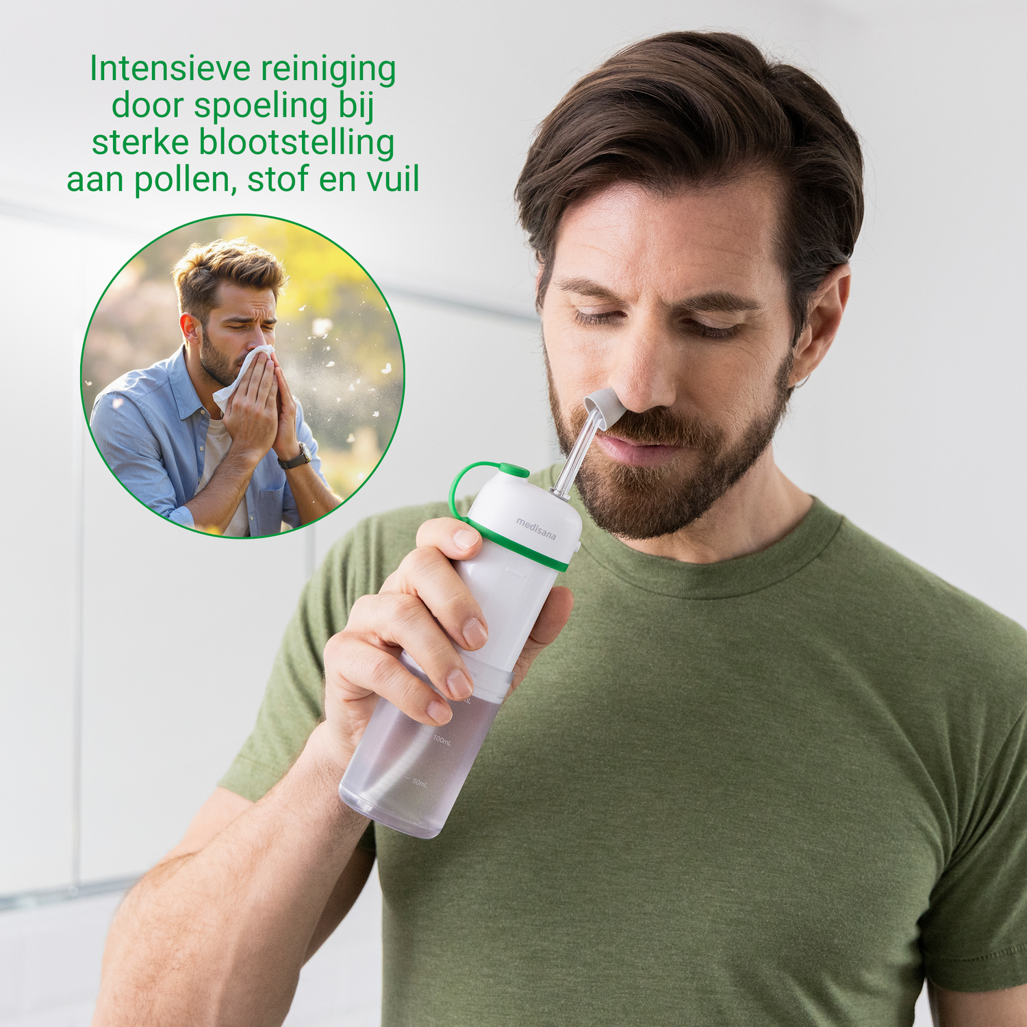Man gebruikt neusspoeling. Inzet toont man die niest. Tekst: Intensieve reiniging door spoelen bij blootstelling aan pollen, stof en vuil.