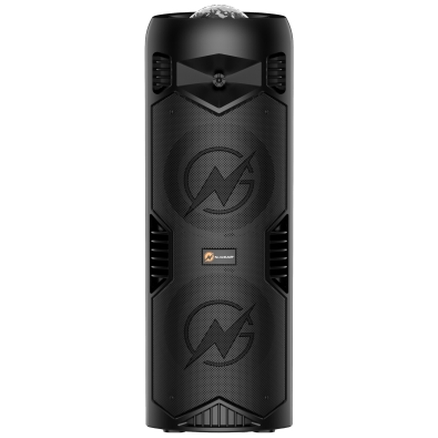 Black speaker with lightning bolt designs. It has a light at the top and multiple ventilation slots. The logo is visible.