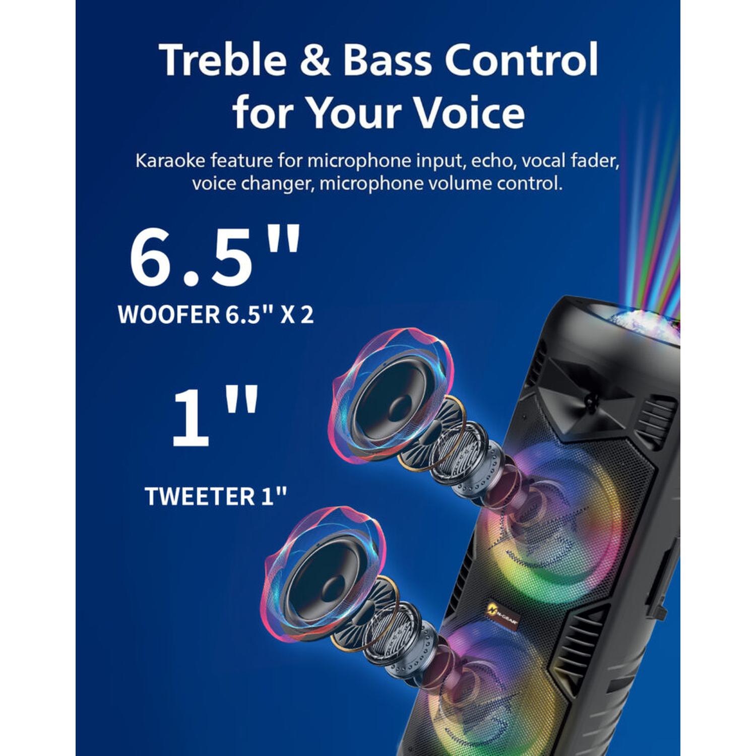 A black speaker with colorful lights. Text reads 'Treble & Bass Control' and speaker specs. Karaoke feature mentioned.