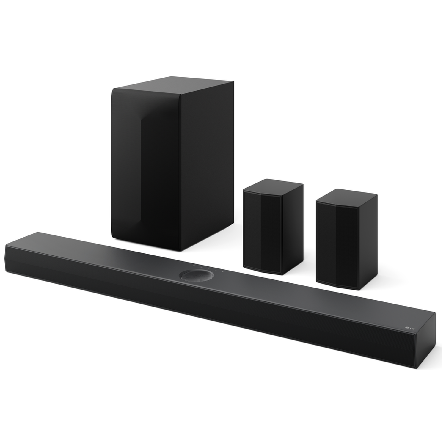 A black LG sound system. It has a long soundbar, a subwoofer, and two small speakers. All components are black.