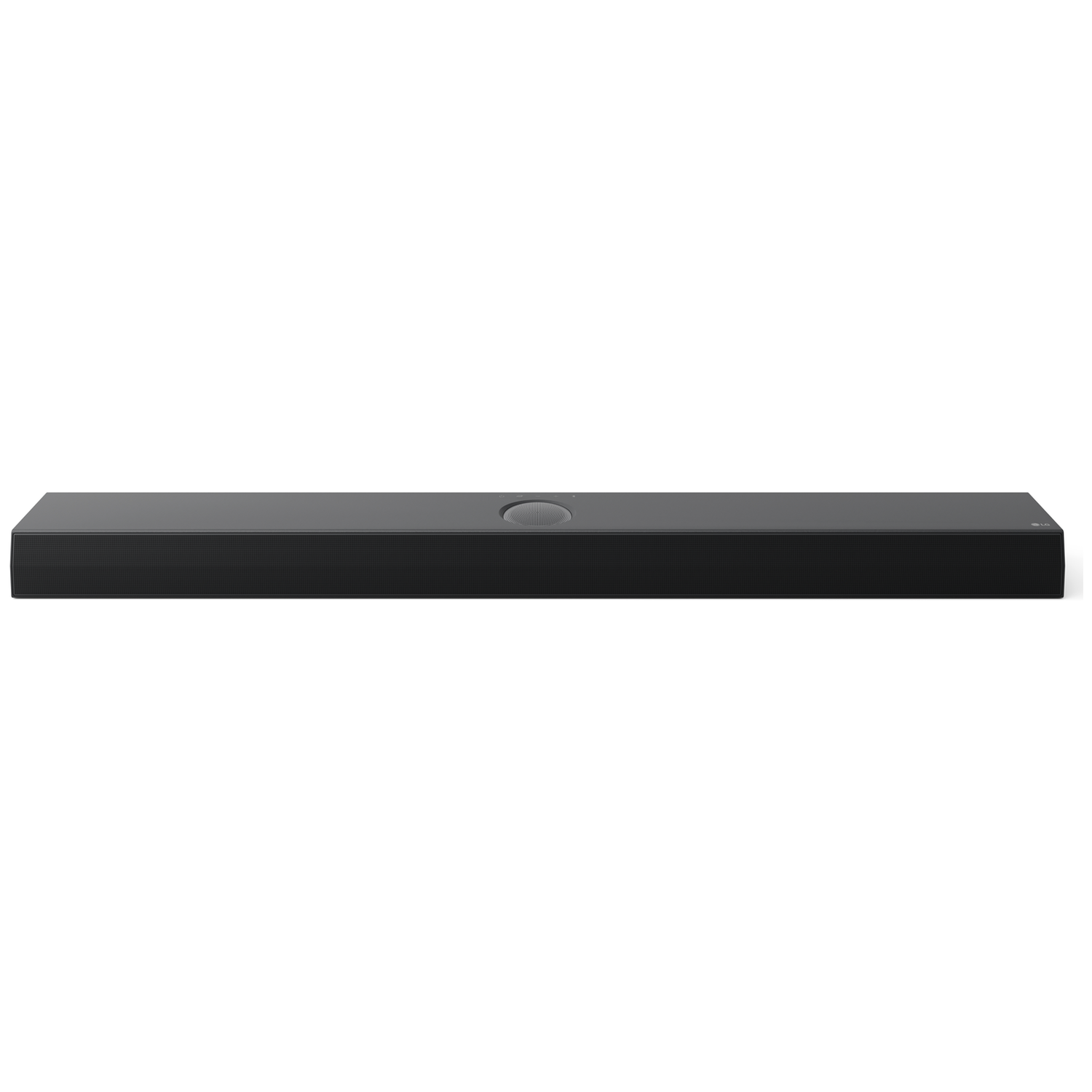 A black soundbar on a white background. It is rectangular with rounded edges. A small, round button is on top.