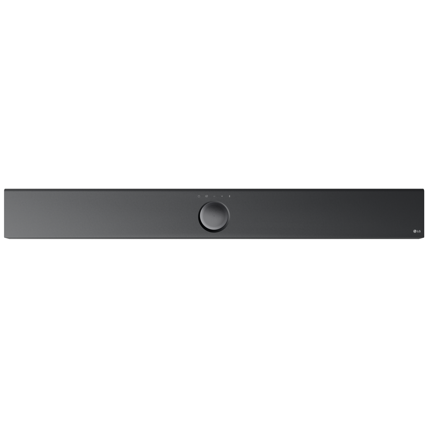 A dark gray soundbar with a central circular control. The LG logo is on the right. The background is white.