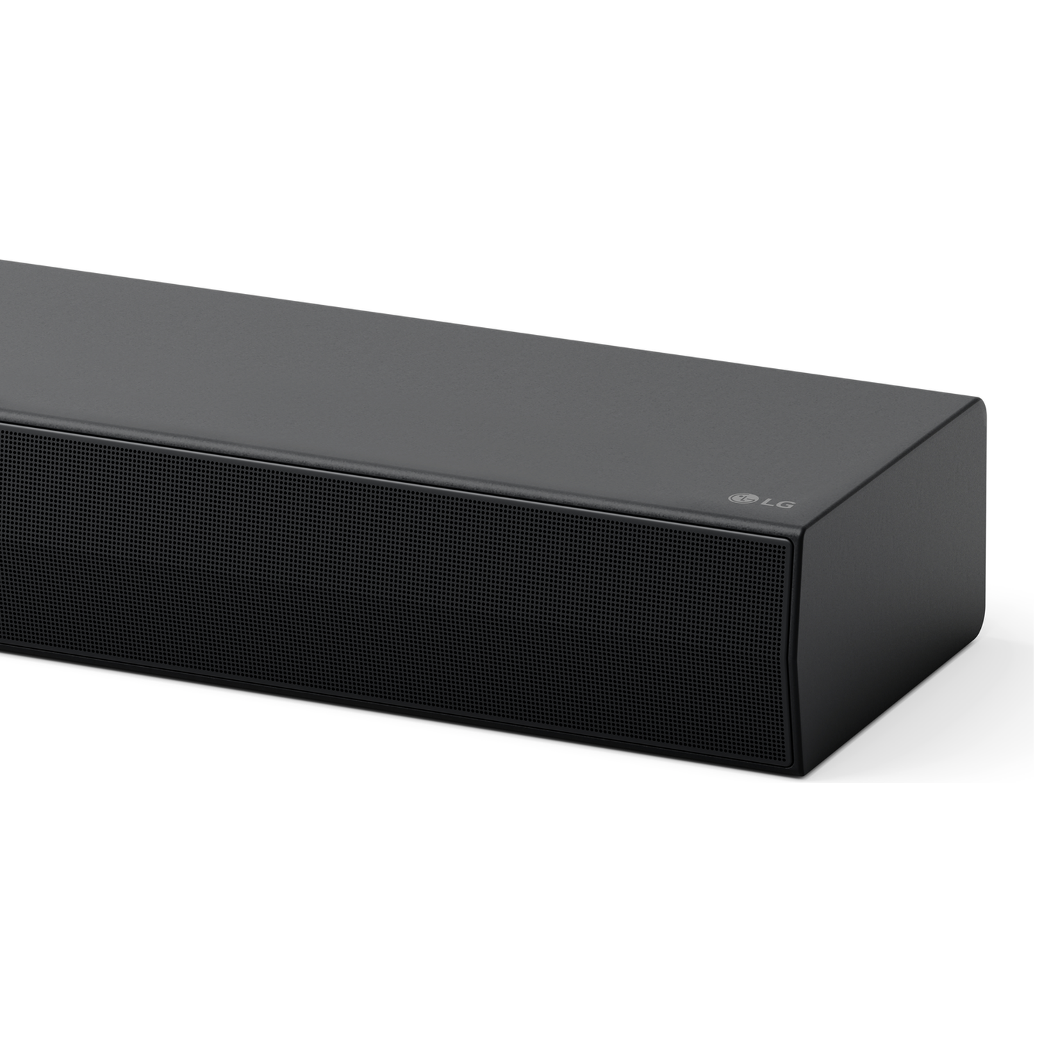 A black LG soundbar with a mesh speaker cover. The LG logo is visible on the top right. White background.