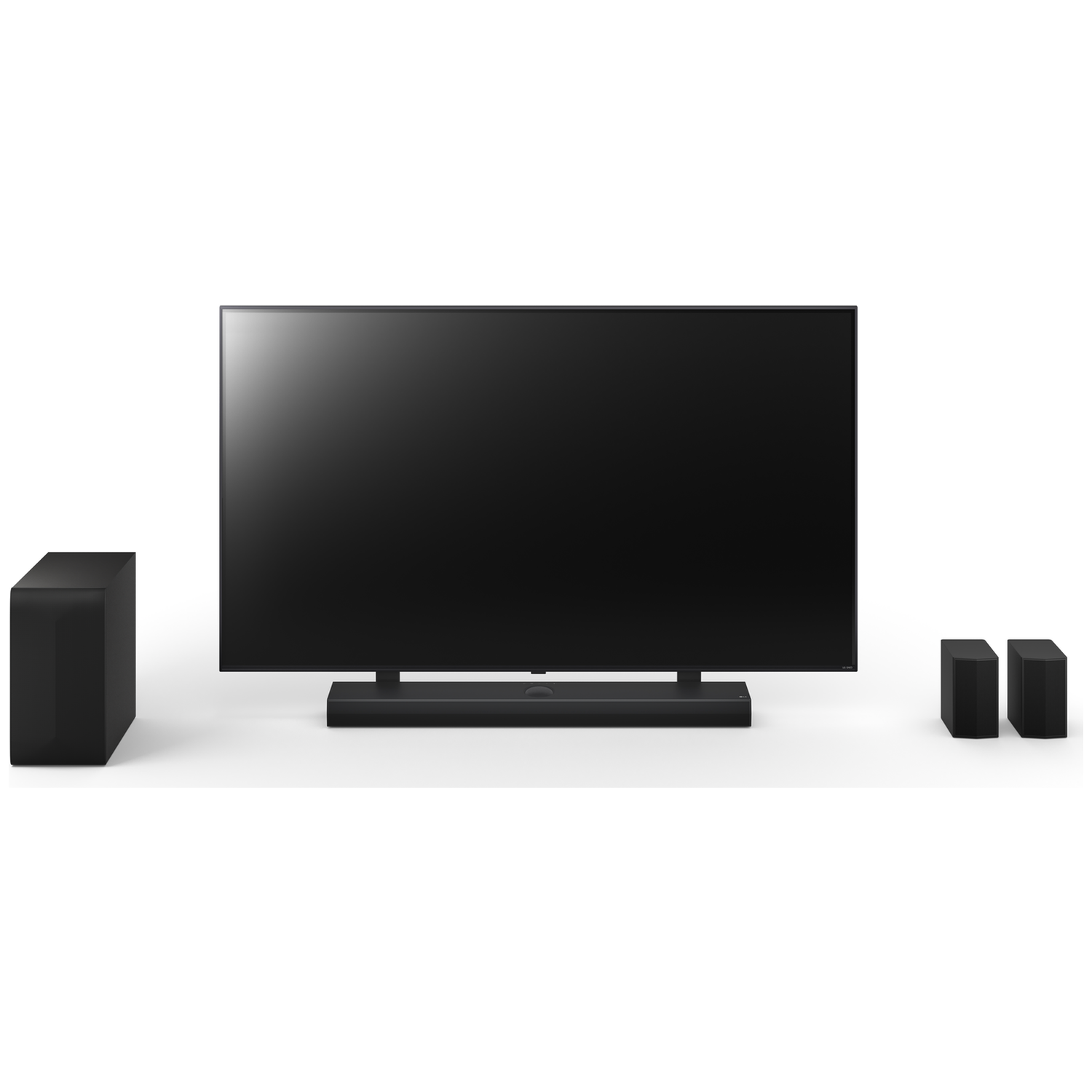 A black TV with a soundbar and subwoofer. Two small black speakers are on the right and a large black speaker on the left.