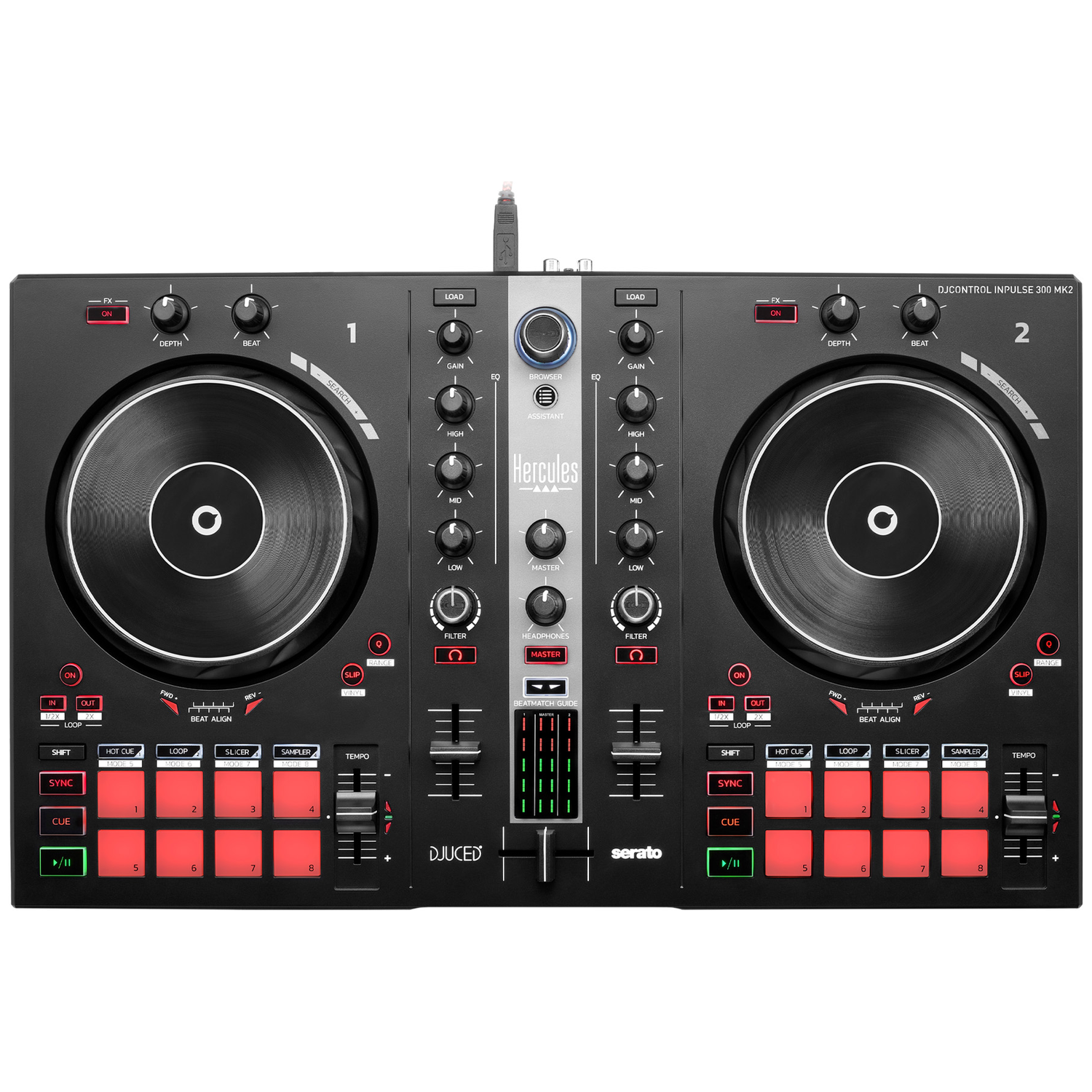 DJ-controller met twee decks, elk met een jogwheel. Inclusief knoppen, knoppen en een centrale mixersectie.