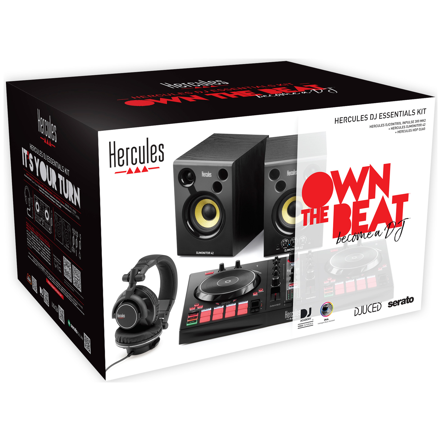 Doos met DJ-apparatuur, waaronder luidsprekers, een mixer en een koptelefoon. De merknaam 'Hercules' is prominent aanwezig.