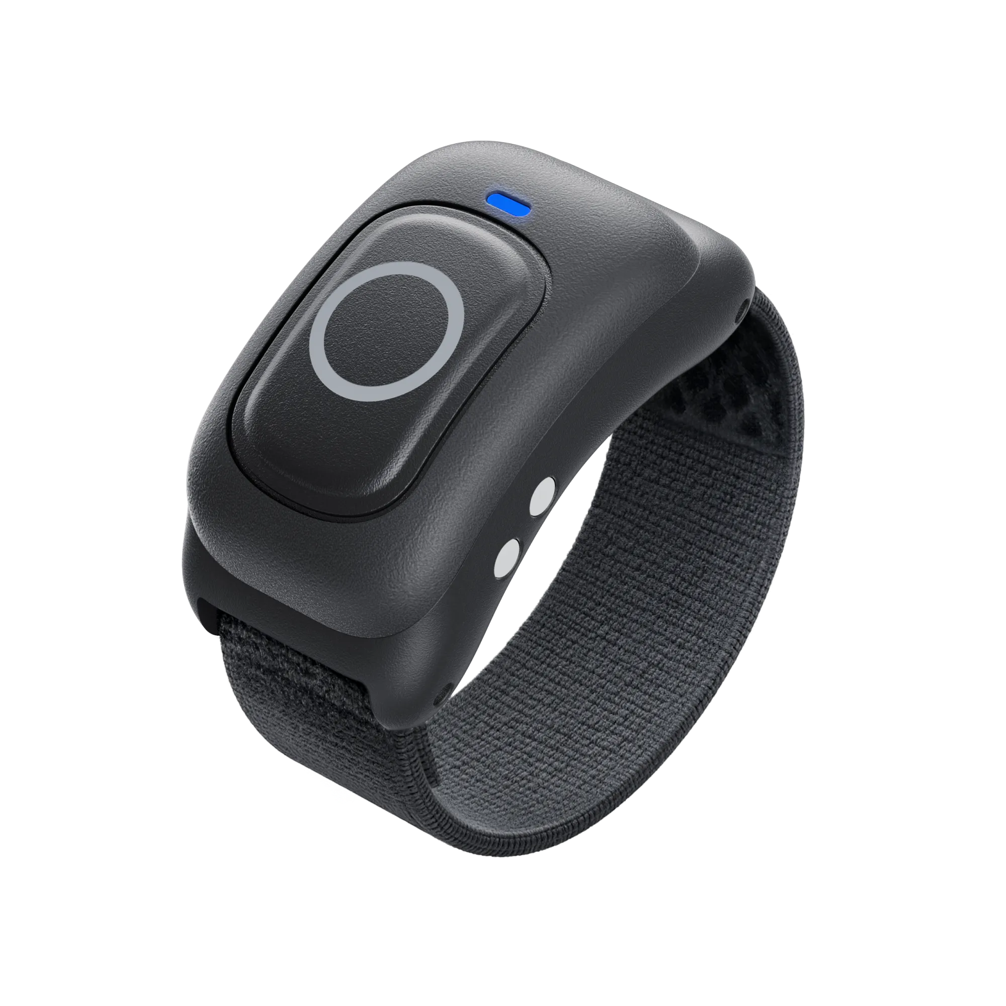 Schwarzes Wearable-Gerät mit Fingerabdrucksensor, zwei weißen Knöpfen und blauem Licht auf einem dunkelgrauen Band.