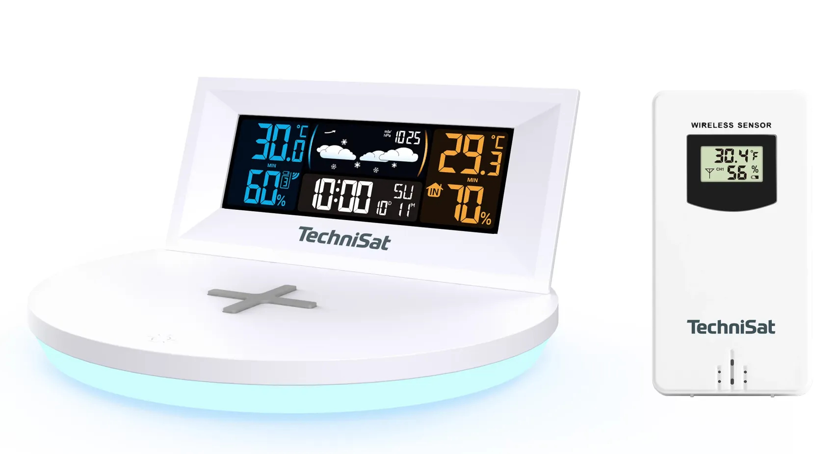 Biała stacja pogodowa TechniSat z wyświetlaczem temperatury, wilgotności i czasu. Obecny jest również oddzielny czujnik bezprzewodowy.