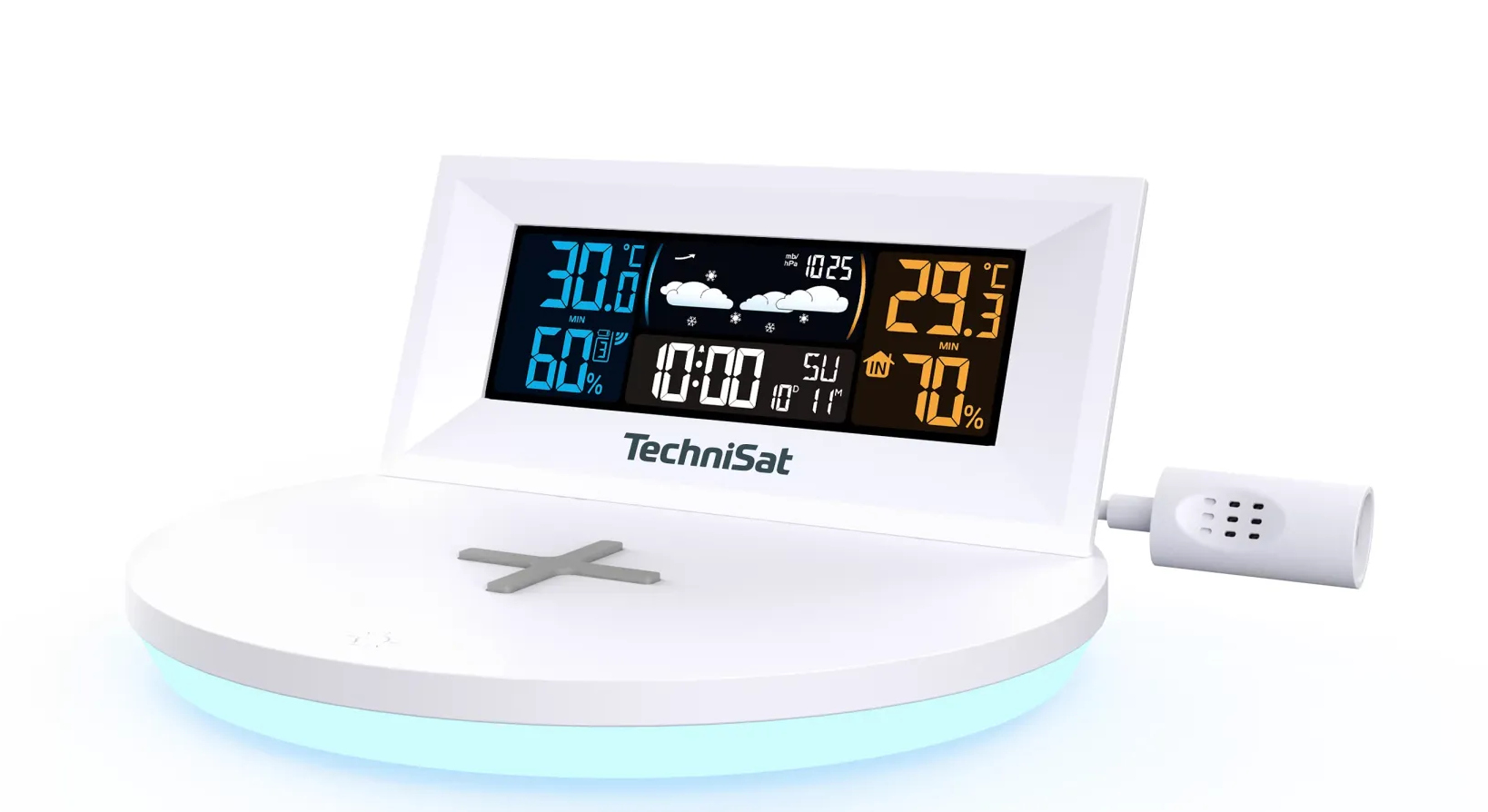 Biała stacja pogodowa TechniSat wyświetla temperaturę, wilgotność, czas i warunki pogodowe na cyfrowym ekranie.