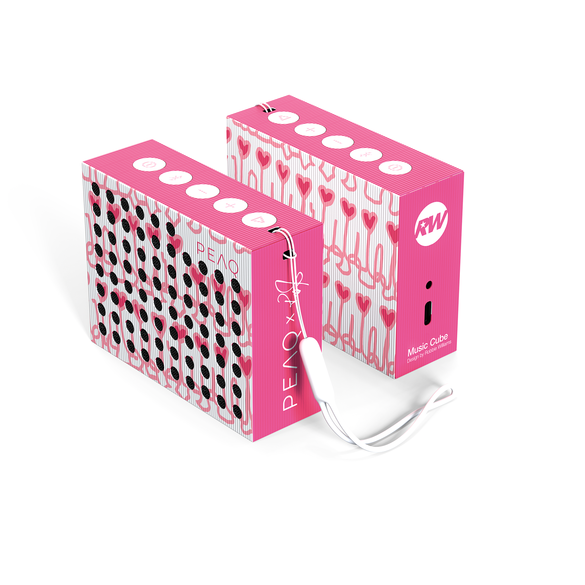 Zwei pinke Musikwürfel mit Herzmustern. Einer hat schwarze Punkte. Weiße Kordeln befestigt. Knöpfe oben.