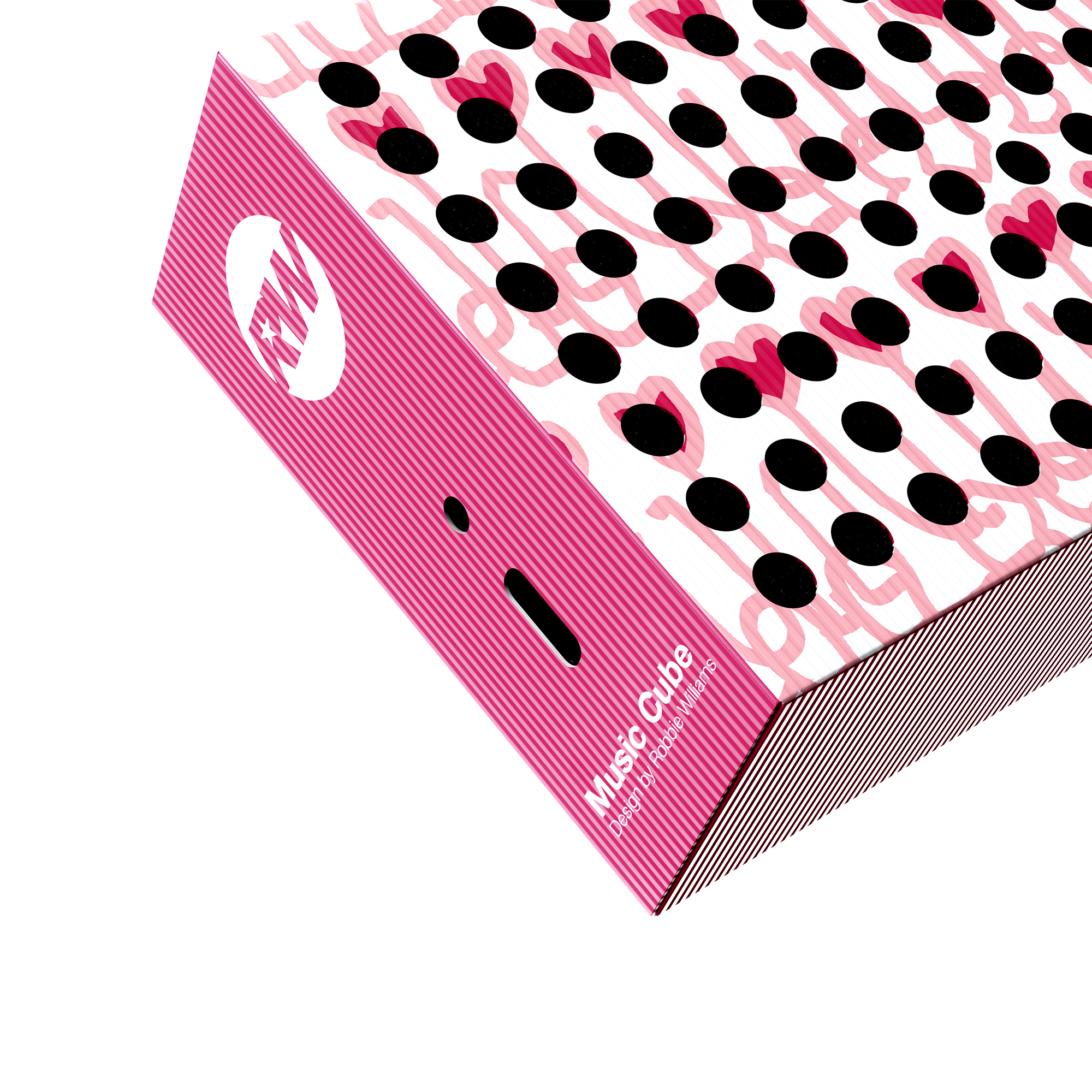Rosa Box mit schwarzen Punkten und rosa Herzen. Sie sagt 'Music Cube'. Weißer Kreis mit RW-Buchstaben.