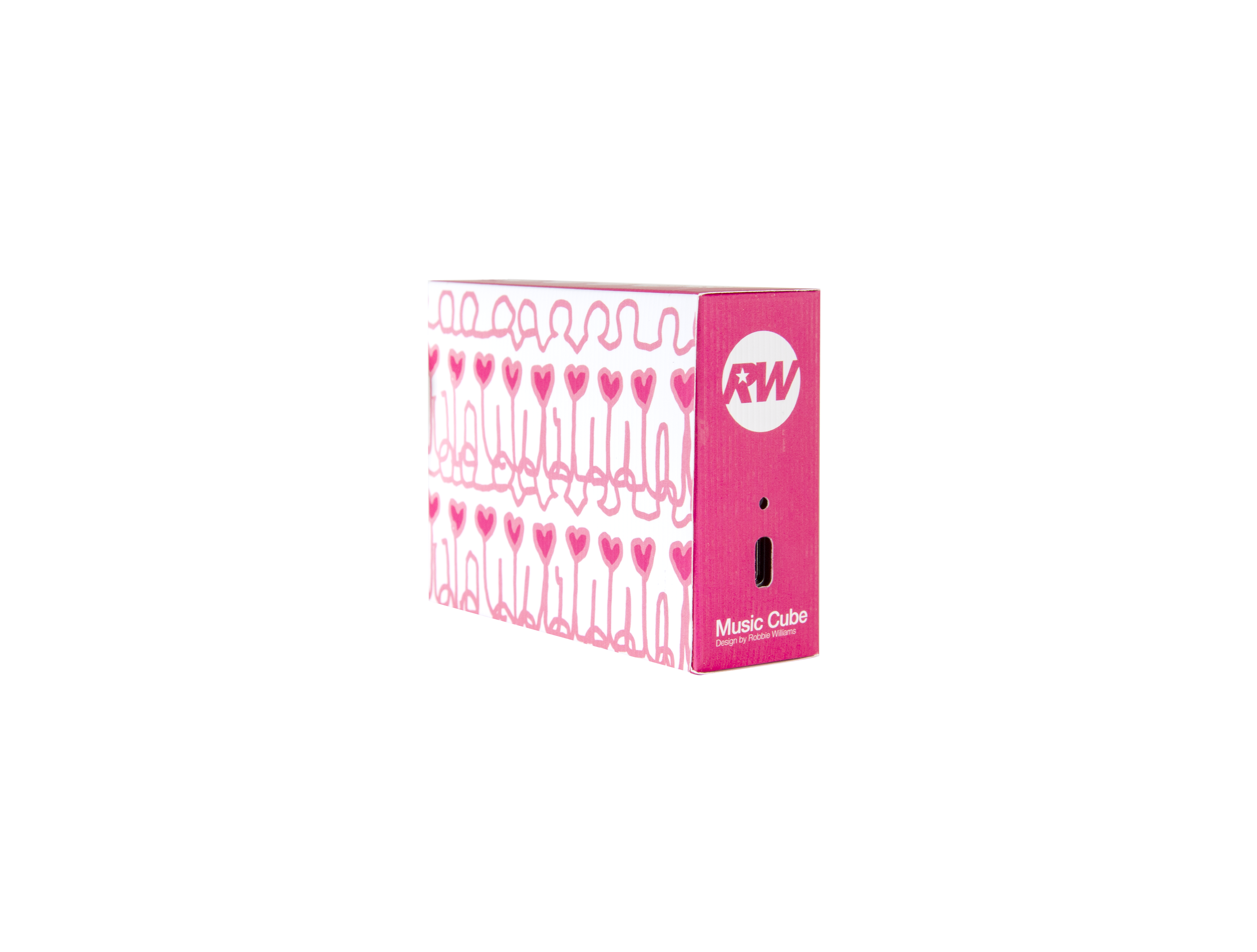 Eine rosa Box mit Herzmuster und dem Schriftzug 'Music Cube'. Auf der Seite ist ein weißes RW-Logo zu sehen.
