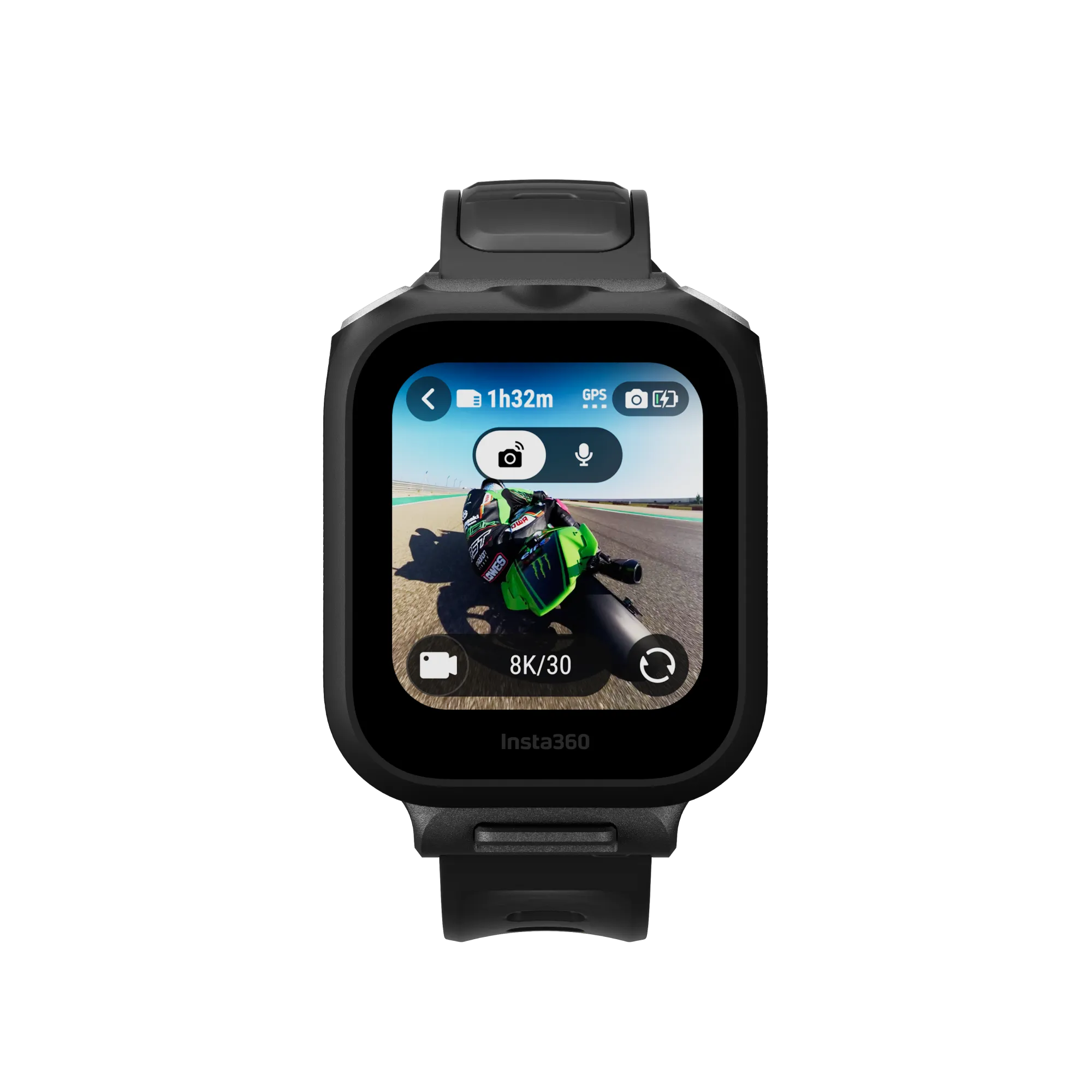 Eine schwarze Smartwatch zeigt eine Motorradrennszene. Der Bildschirm zeigt einen Fahrer auf einem grünen Motorrad, der filmt.
