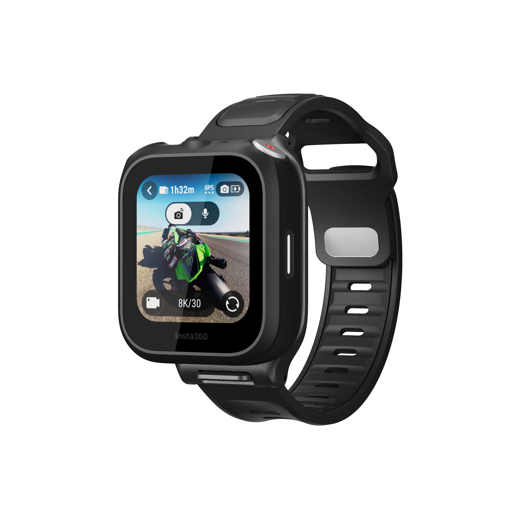 Schwarze Insta360-Action-Kamera-Uhr mit Bildschirm, der ein Motorradrennen zeigt. Schwarzer Hintergrund.