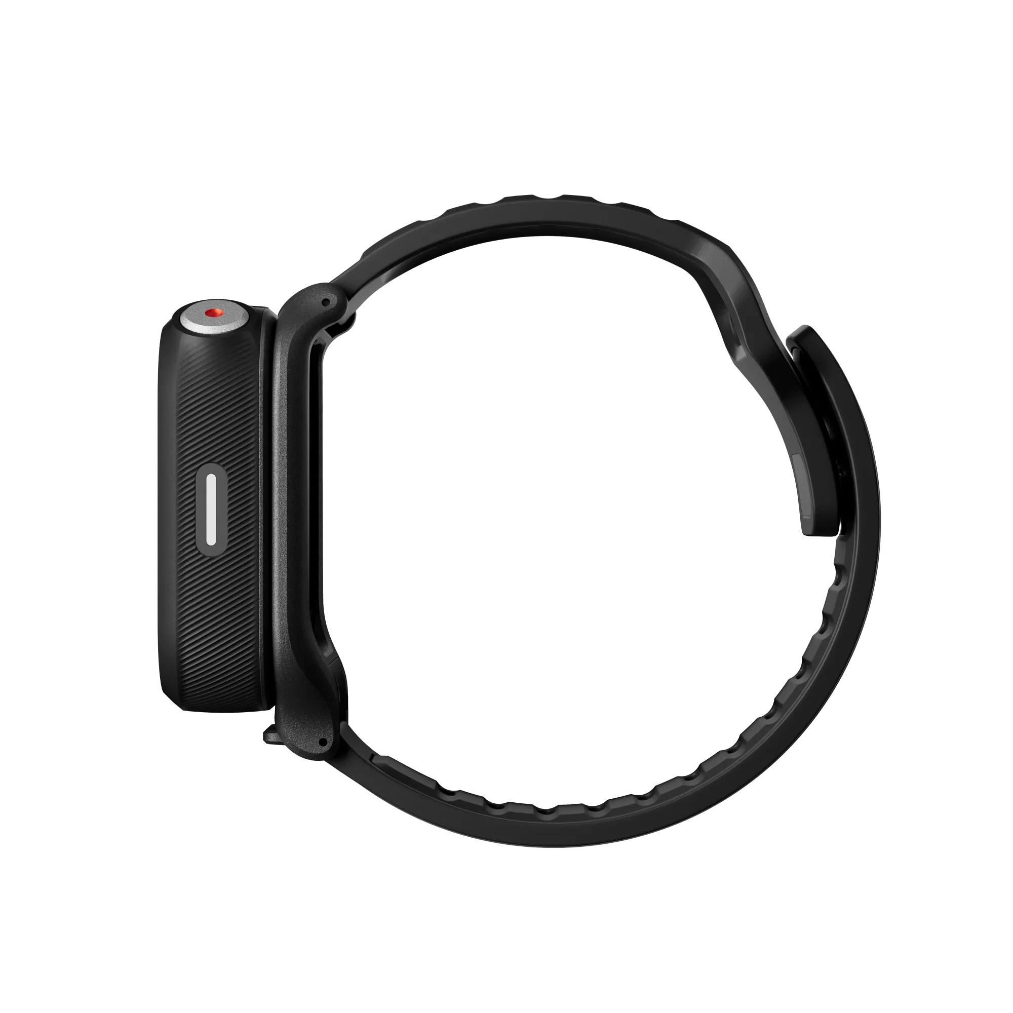 Schwarze Smartwatch-Seitenansicht auf schwarzem Hintergrund. Verfügt über eine rote Taste, ein Display und ein geriffeltes Armband.