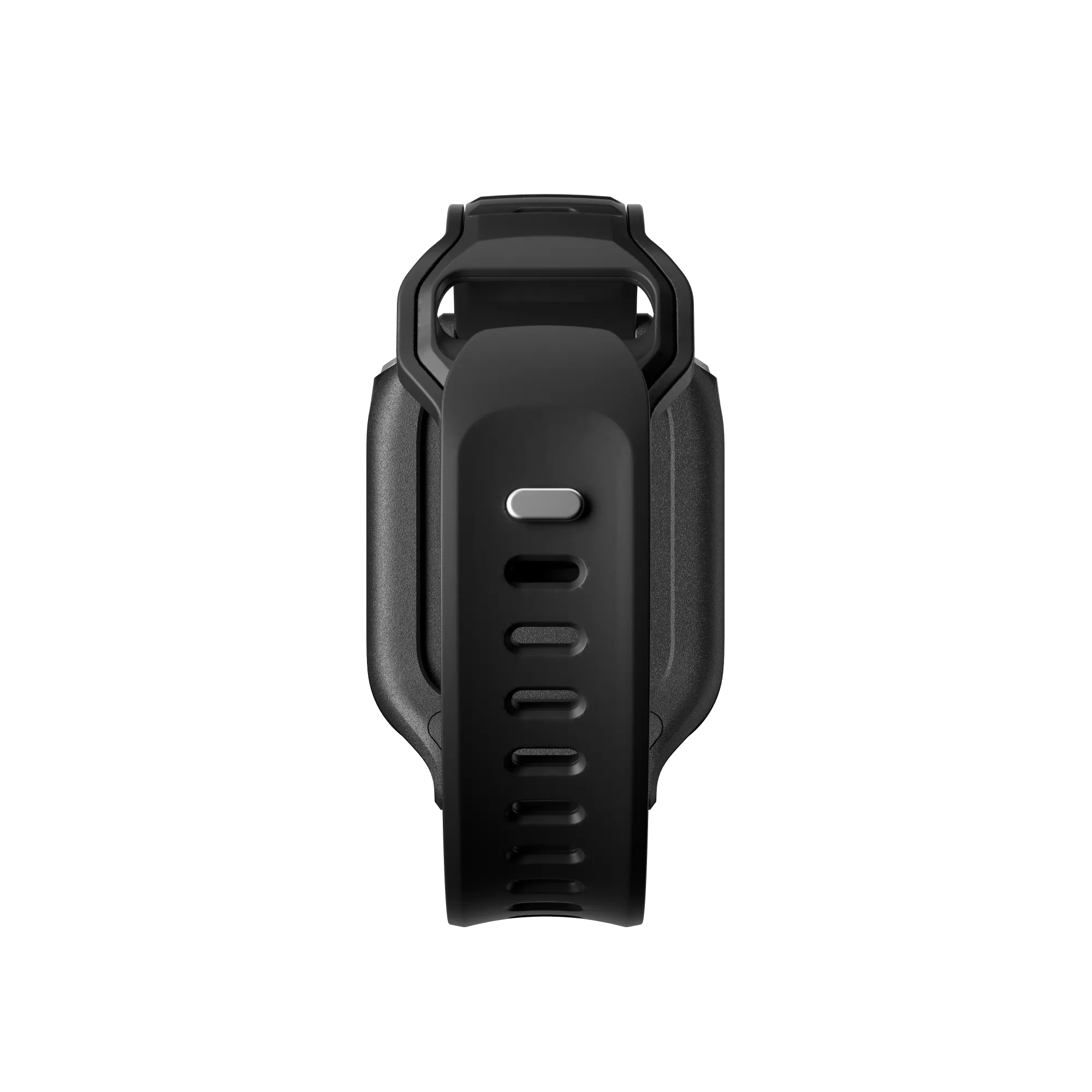 Eine schwarze Smartwatch vor schwarzem Hintergrund. Die Uhr hat ein schwarzes Armband mit silbernem Knopf.