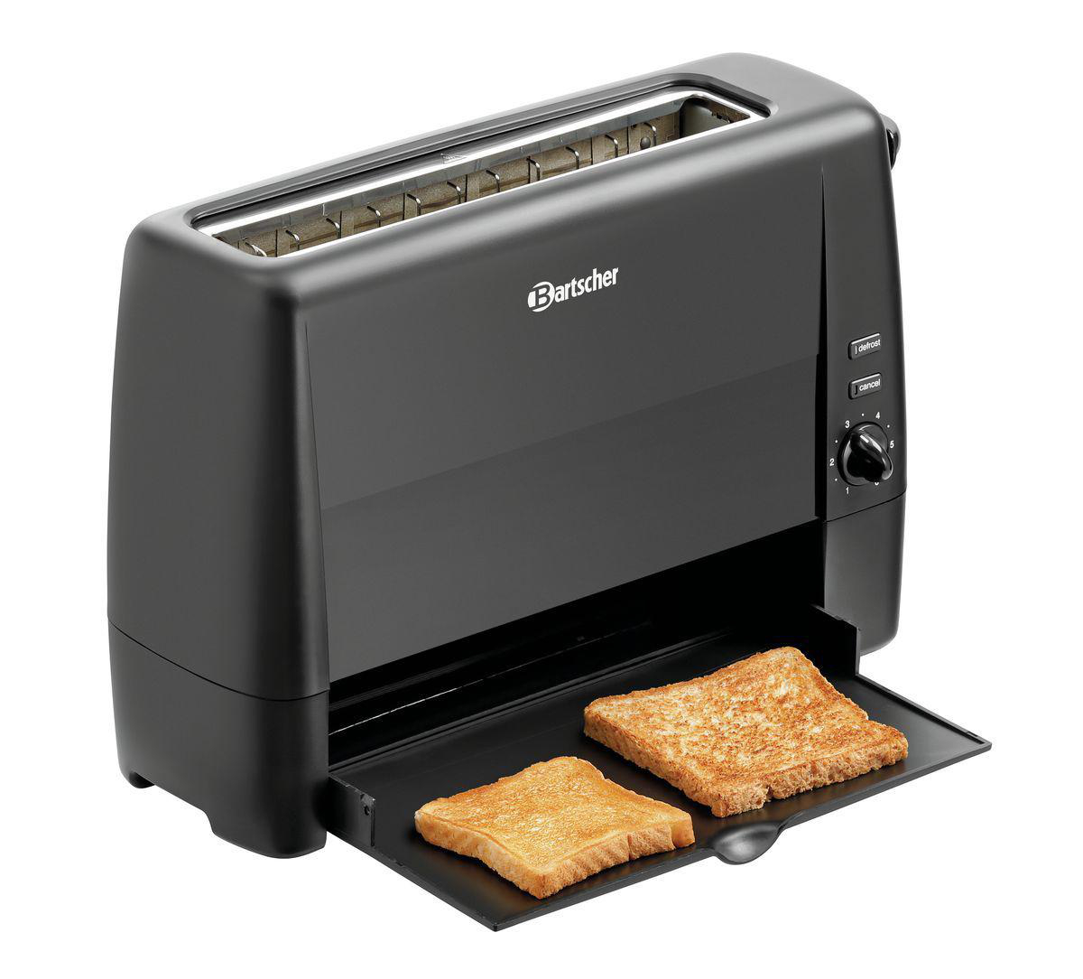 Ein schwarzer Bartscher-Toaster mit zwei Toastscheiben auf einem Tablett. Der Toaster hat Bedienknöpfe und Schlitze für Brot.