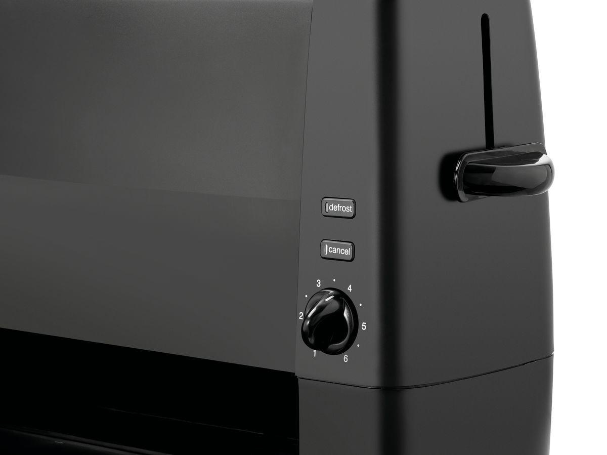 Ein schwarzer Toaster mit Bedientasten und einem Knopf. Die Tasten sind mit Enteisen und Abbrechen beschriftet. Der Knopf hat Zahlen von 1 bis 6.