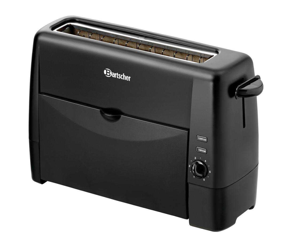 Ein schwarzer Toaster mit der Marke 'Bartscher'. Er hat Schlitze für Brot, einen Hebel und einen Bräunungsregler.