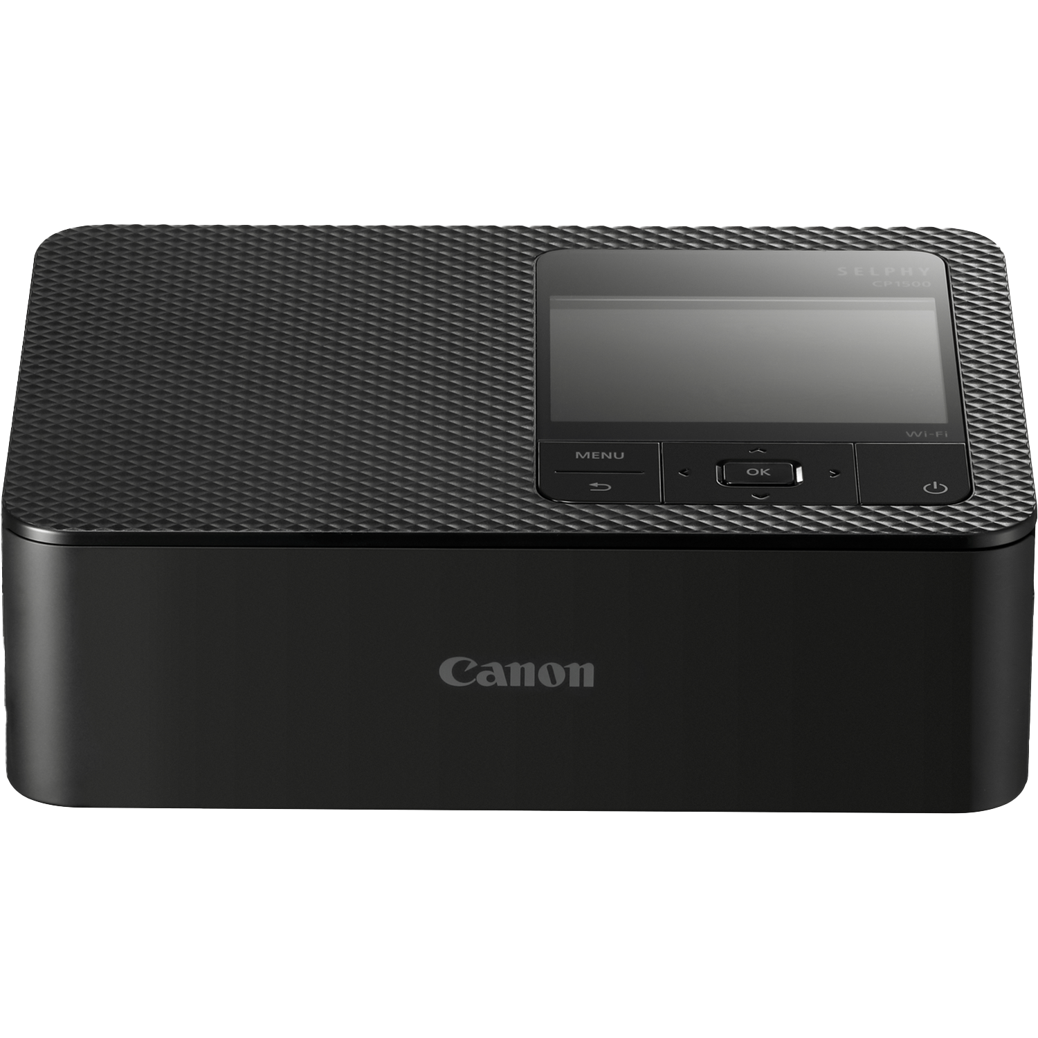 Black Canon Selphy CP1300 printer. It has a screen, buttons, and Wi-Fi symbol. The top has a textured pattern, the Canon logo is visible.