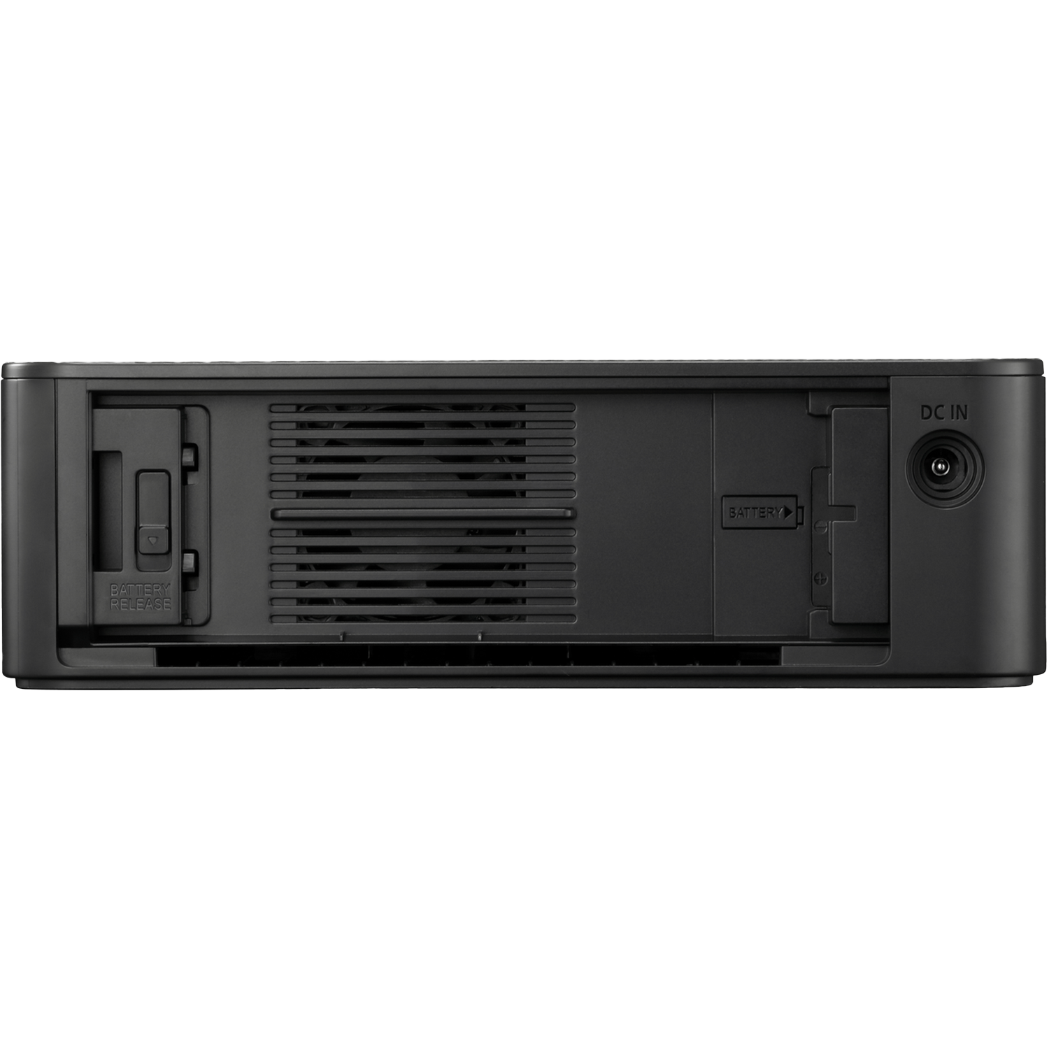 Black device with battery release, battery slot, and DC in port. Features a fan and various labels. It is against a white background.