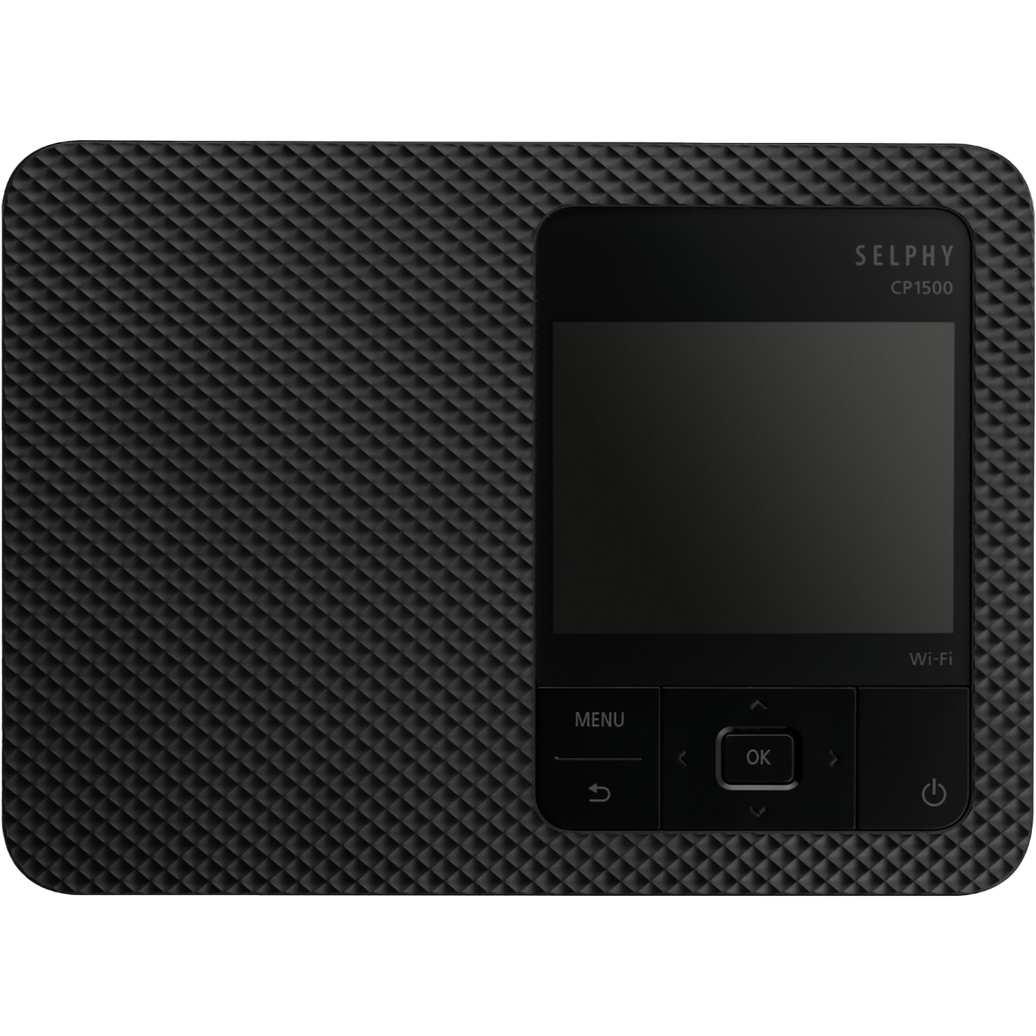 Black Selphy CP1500 printer. Features a screen and control panel with buttons. Textured surface with a diamond pattern.