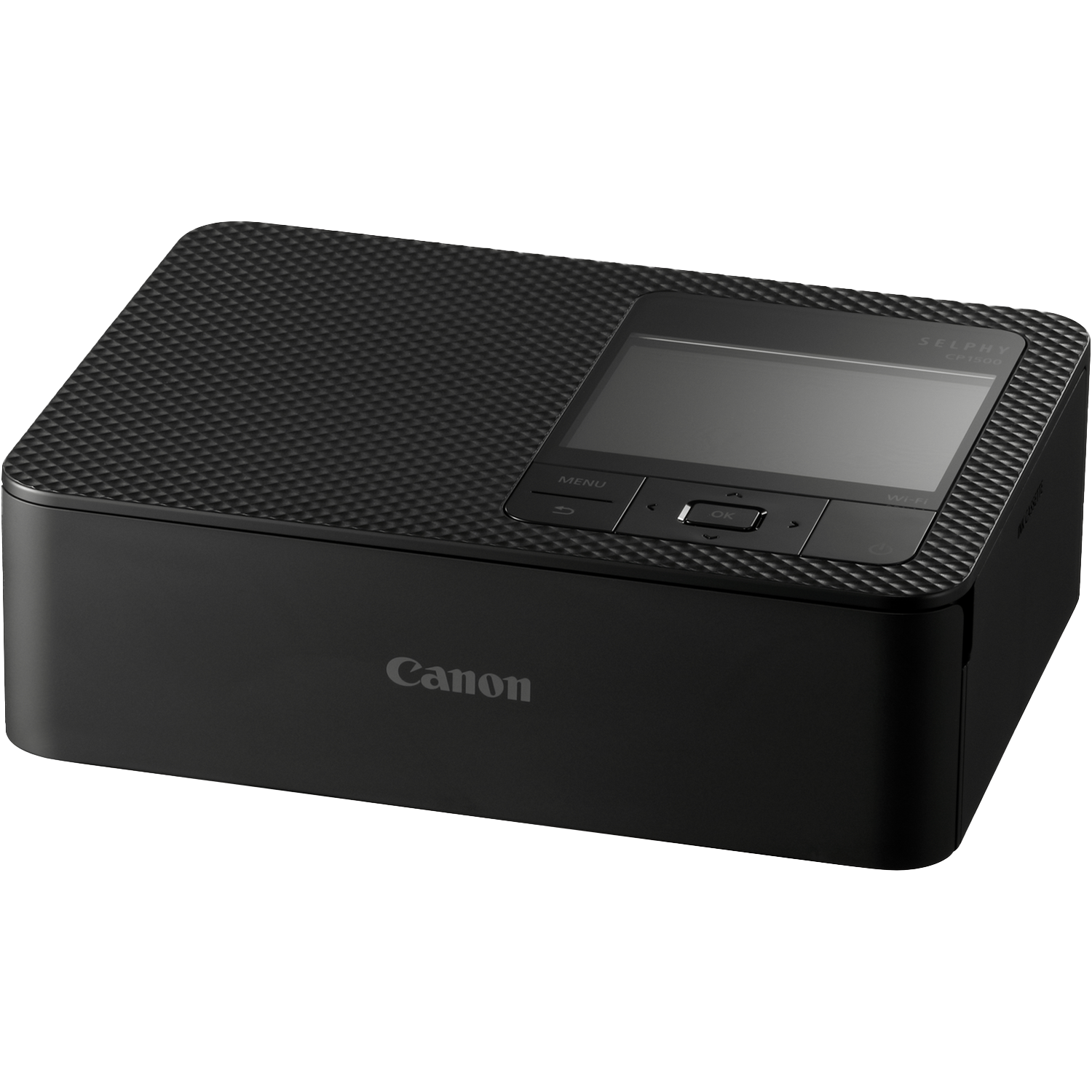 A black Canon Selphy CP1500 printer. It has a screen and control buttons. The top is textured. The Canon logo is visible.