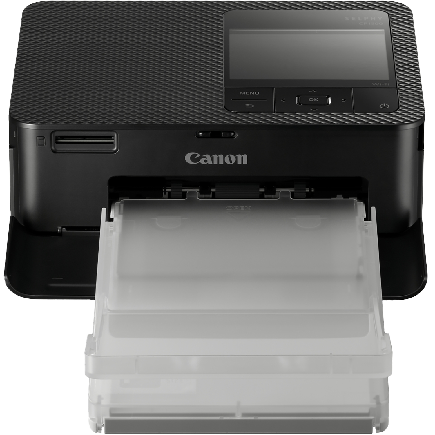 A black Canon Selphy CP1500 printer. A clear paper tray is extended. It has a display and several control buttons.