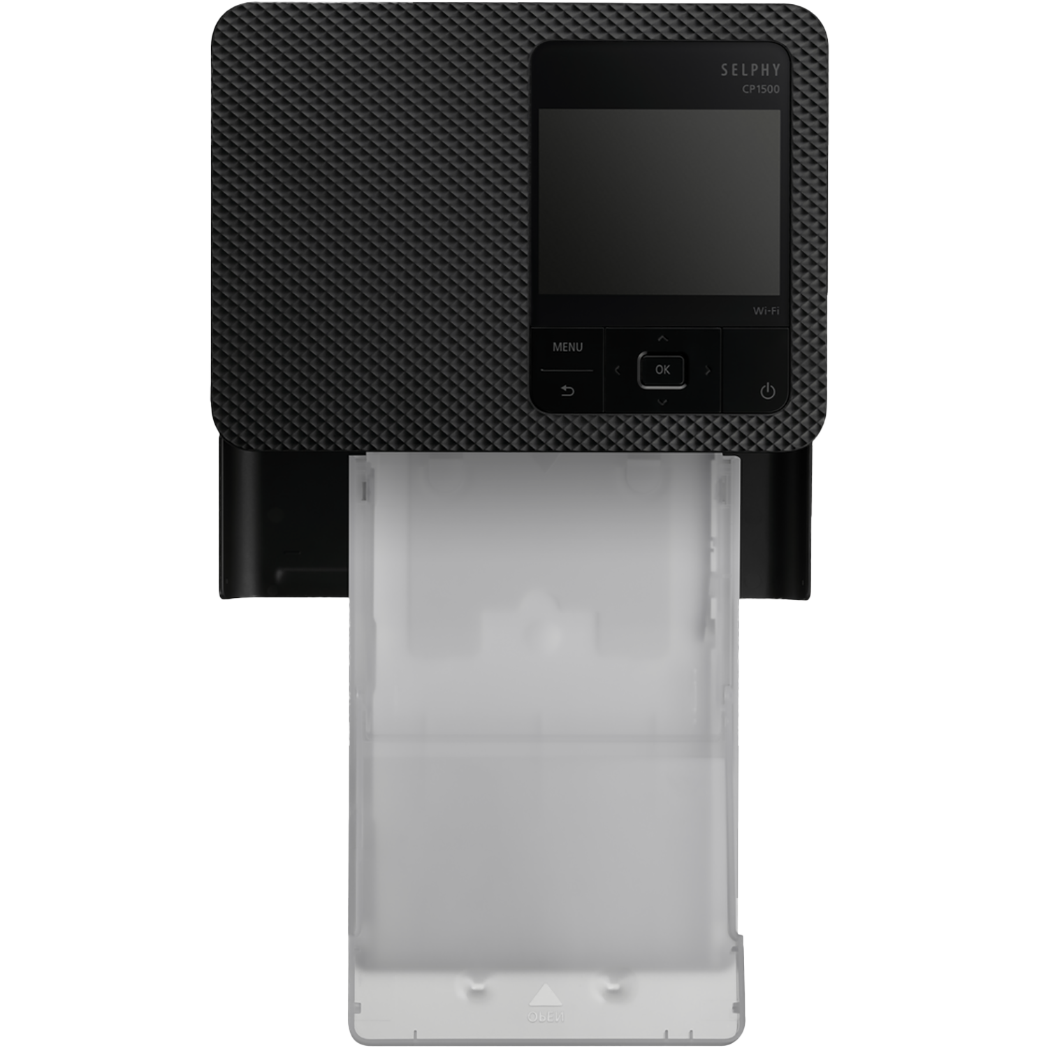 A black SELPHY CP1500 printer. It has a screen, buttons, and a clear paper tray extending from the bottom.
