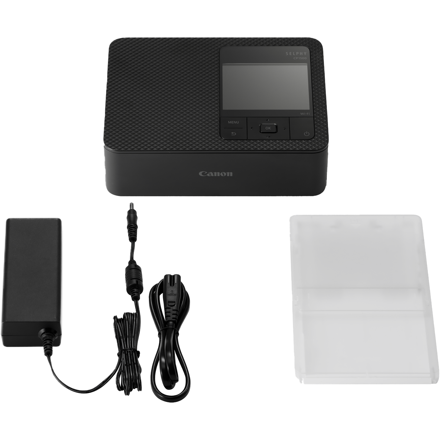 A black Canon Selphy CP1500 printer, power adapter, and a clear plastic tray are displayed against a white backdrop.