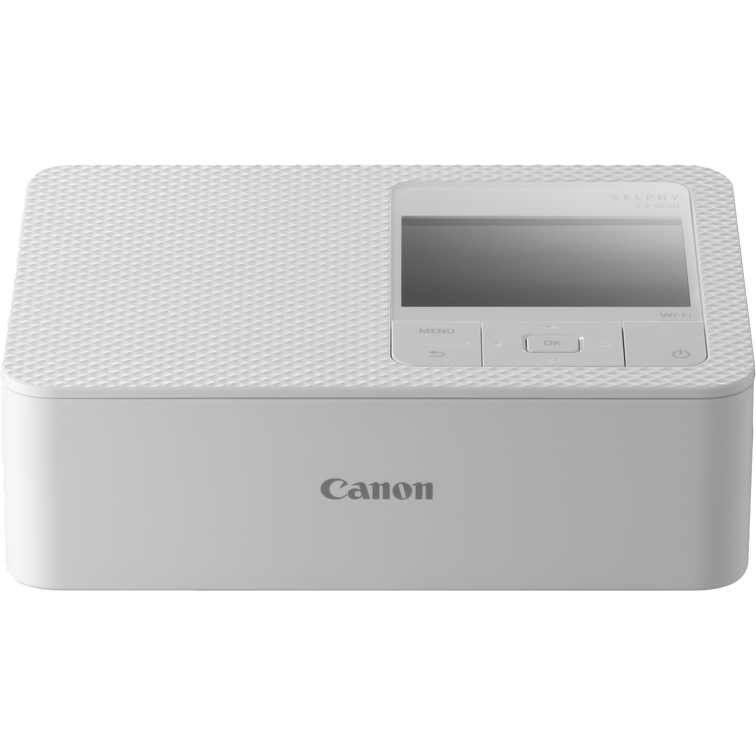 Een witte Canon Selphy CP1500 printer. Het heeft een scherm, knoppen en het Canon-logo. De bovenkant heeft een textuurontwerp.