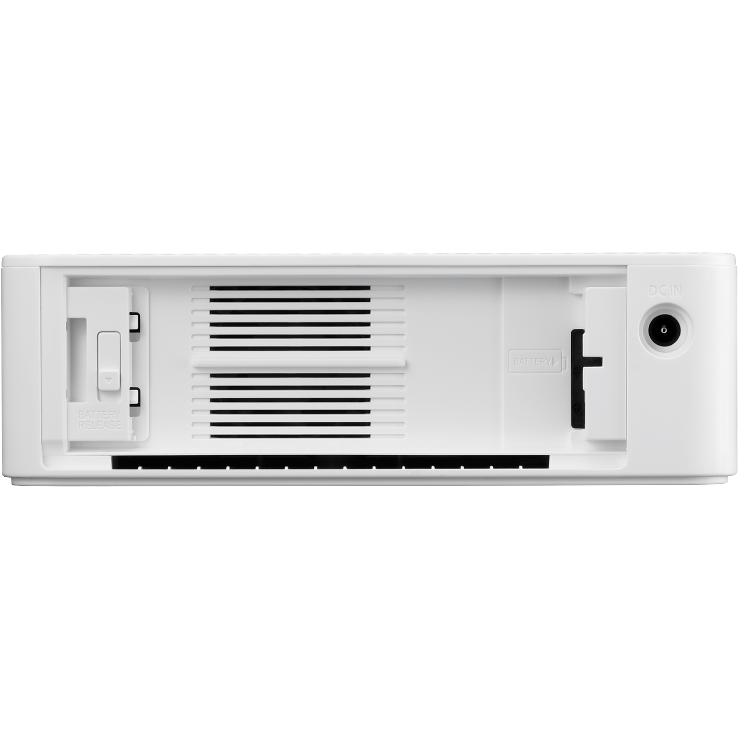 Witte achterkant van het apparaat met batterijontgrendeling, ventilatieopeningen en stroomingang. Labels: batterij, DC IN.