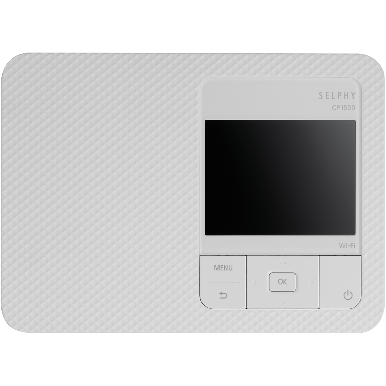 Een witte Selphy CP1500 printer. Het heeft een scherm, menuknoppen en een aan/uit-knop. Het oppervlak heeft een geometrisch patroon.