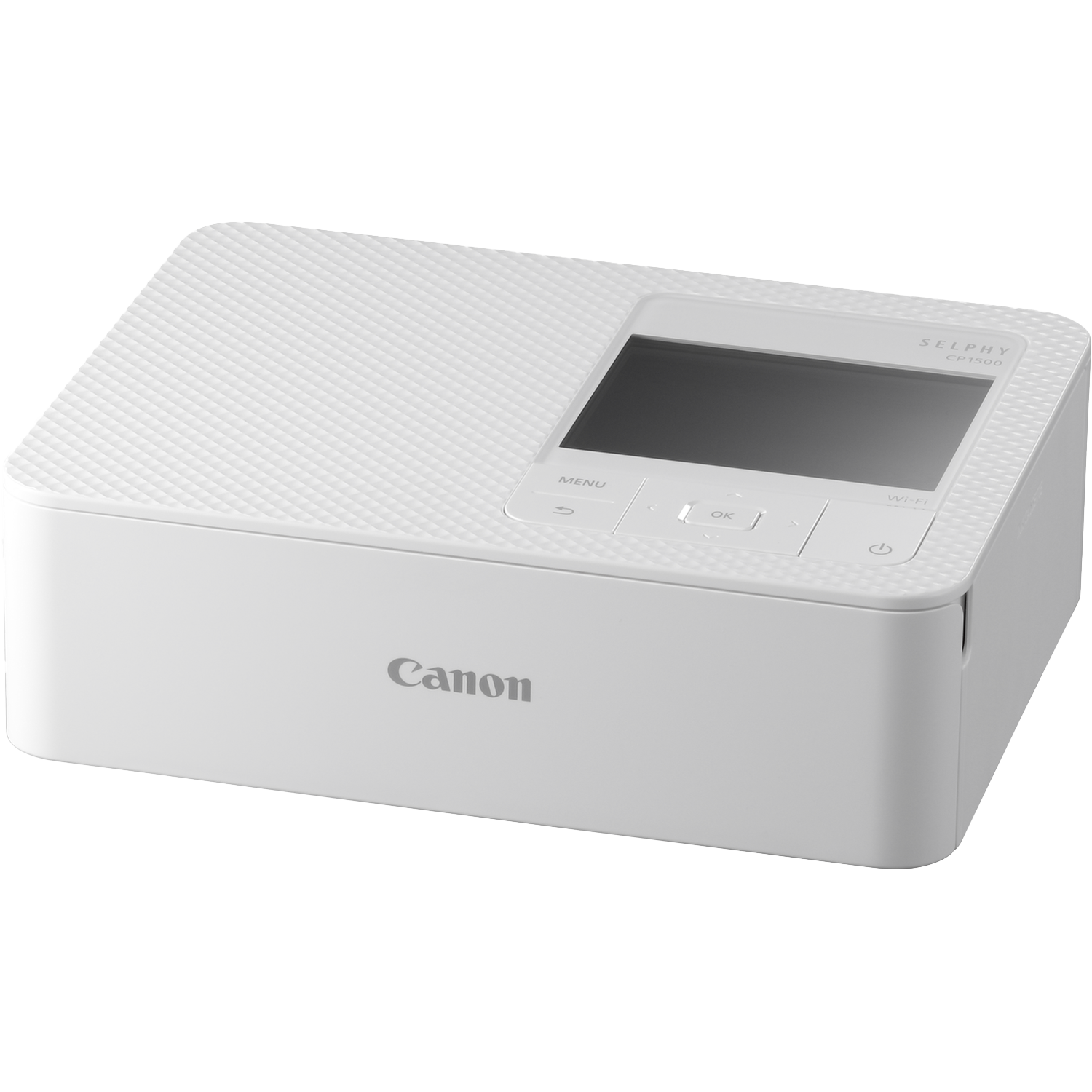 Een witte Canon Selphy CP1500 printer. Het heeft een scherm, knoppen en het Canon-logo. Het staat op een wit oppervlak.