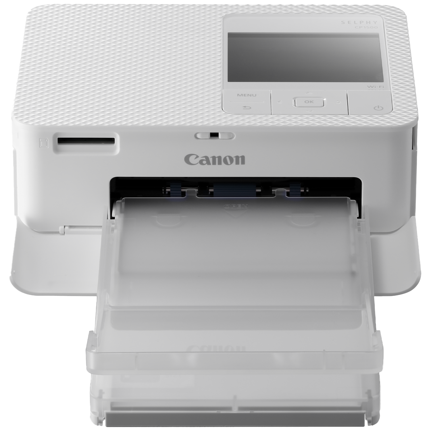 Een witte Canon Selphy CP1500 printer. Hij heeft een uitgeschoven papierlade en een bedieningspaneel met scherm en knoppen.