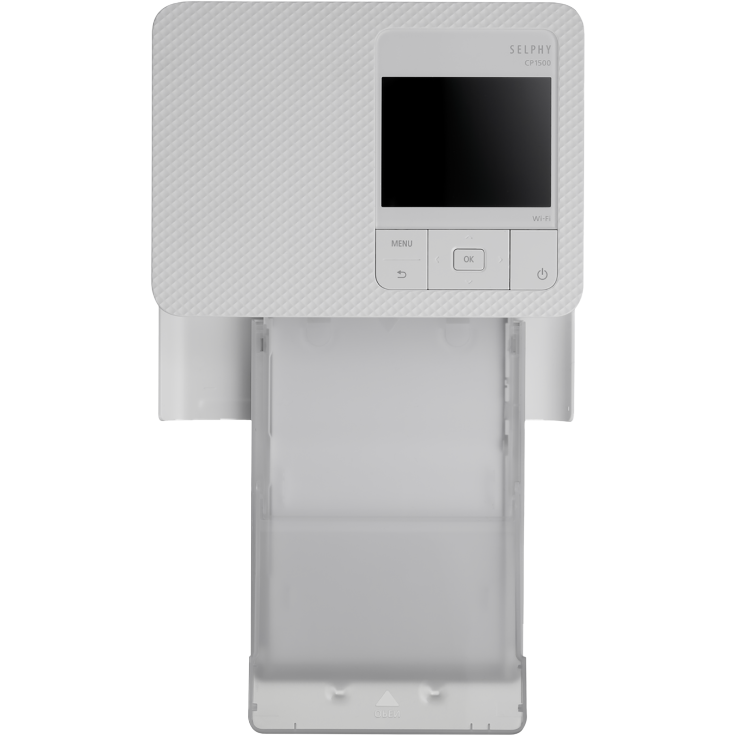 Een witte Selphy CP1500 printer. Het heeft een scherm, knoppen en een open papierlade. De bovenkant heeft een textuur.