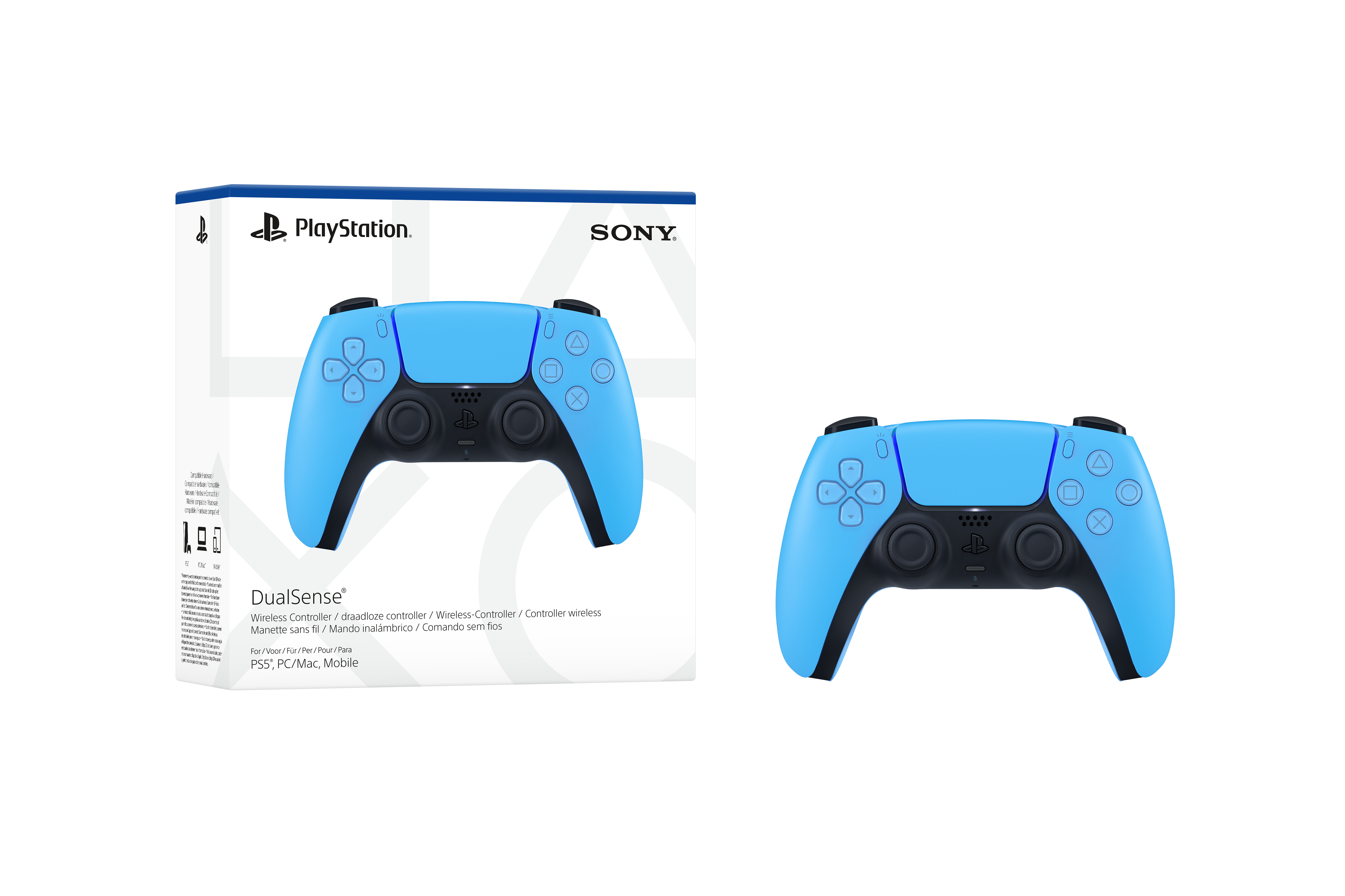 Das Bild zeigt einen blauen DualSense-Controller und seine Box. Der Controller hat schwarze Tasten und ein PlayStation-Logo.