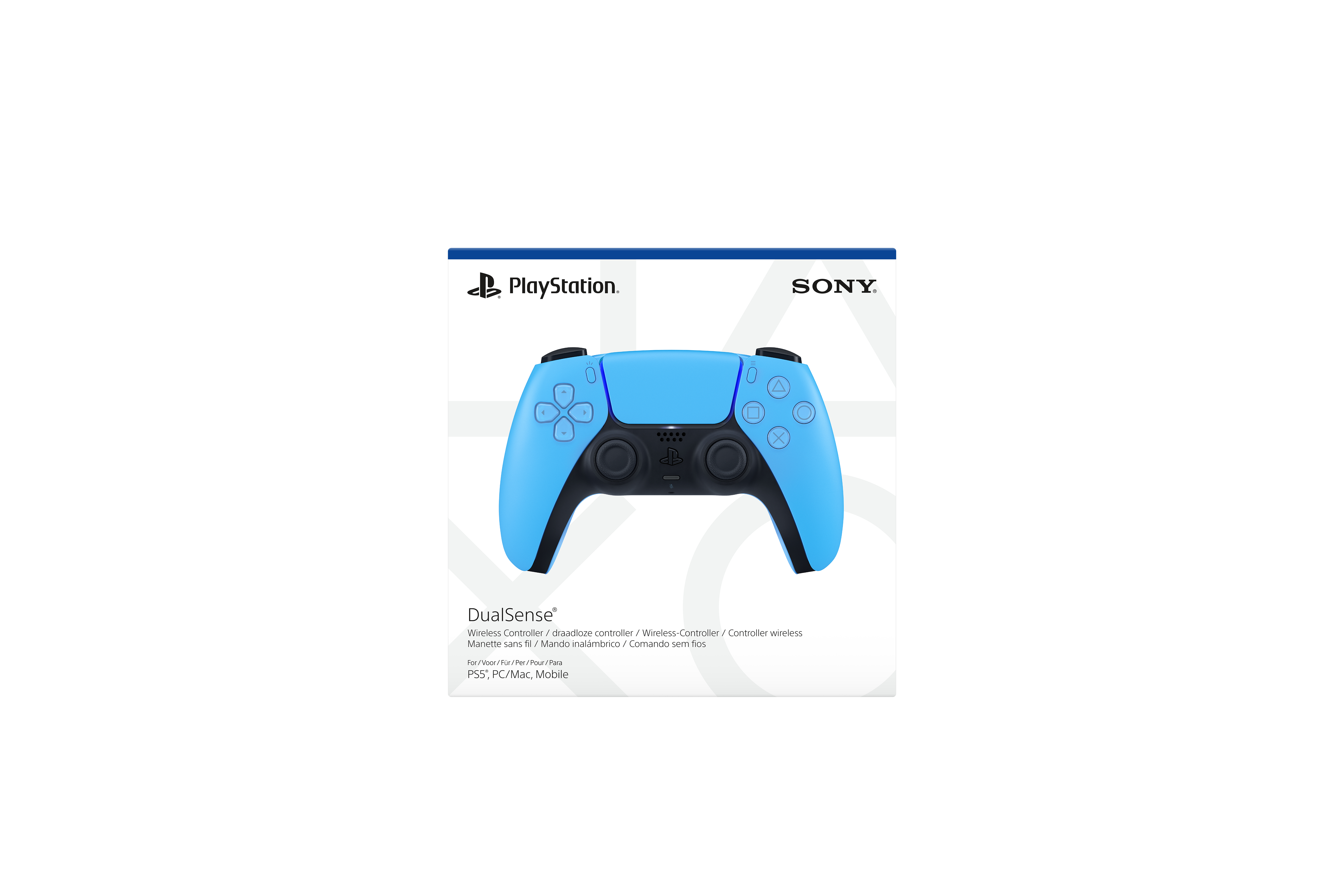 Ein blauer PlayStation DualSense Wireless-Controller. Der Hintergrund ist weiß mit den Logos von PlayStation und Sony.