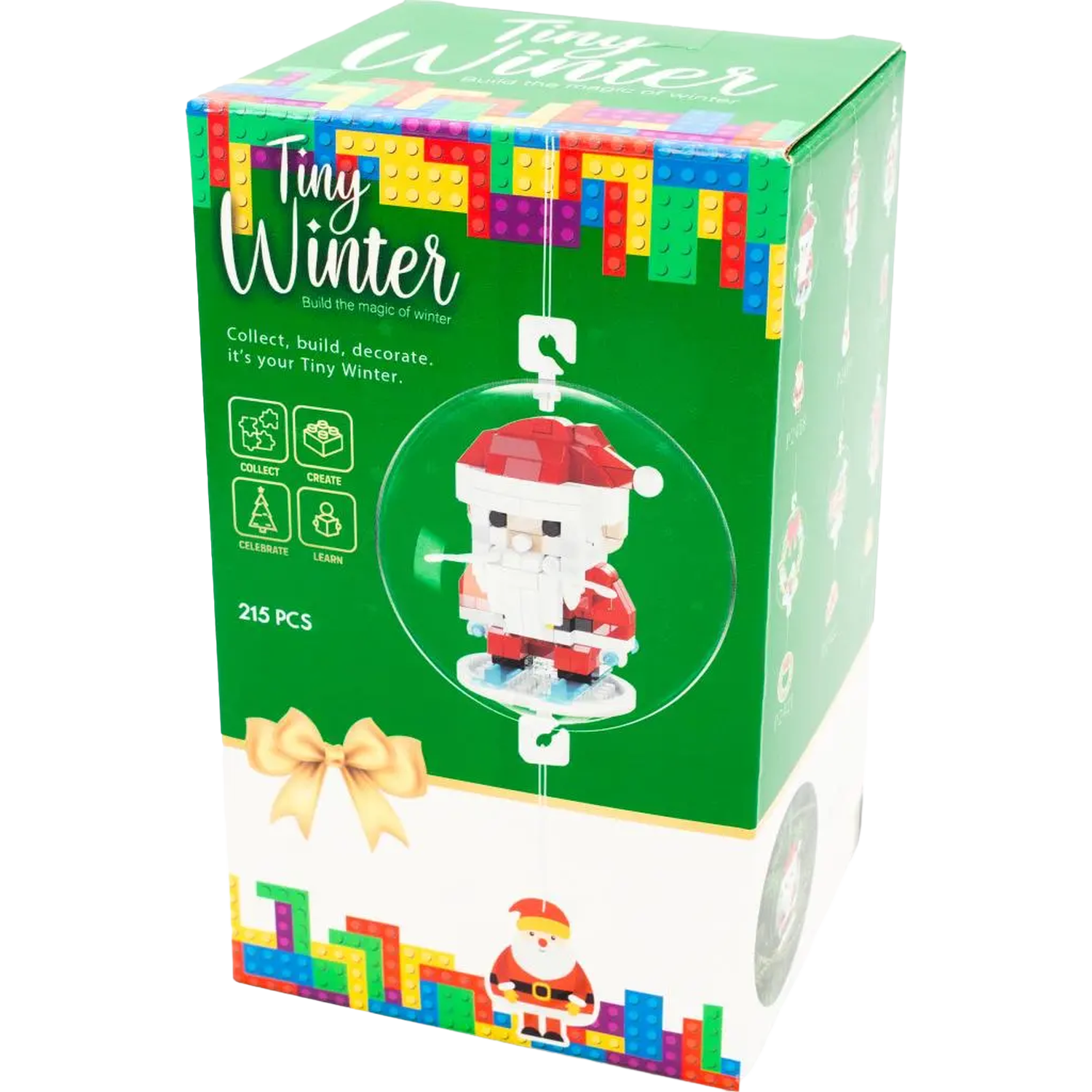 Een groene doos met het 'Tiny Winter' logo en een kerstmanfiguur gemaakt van blokken in een transparante bol.