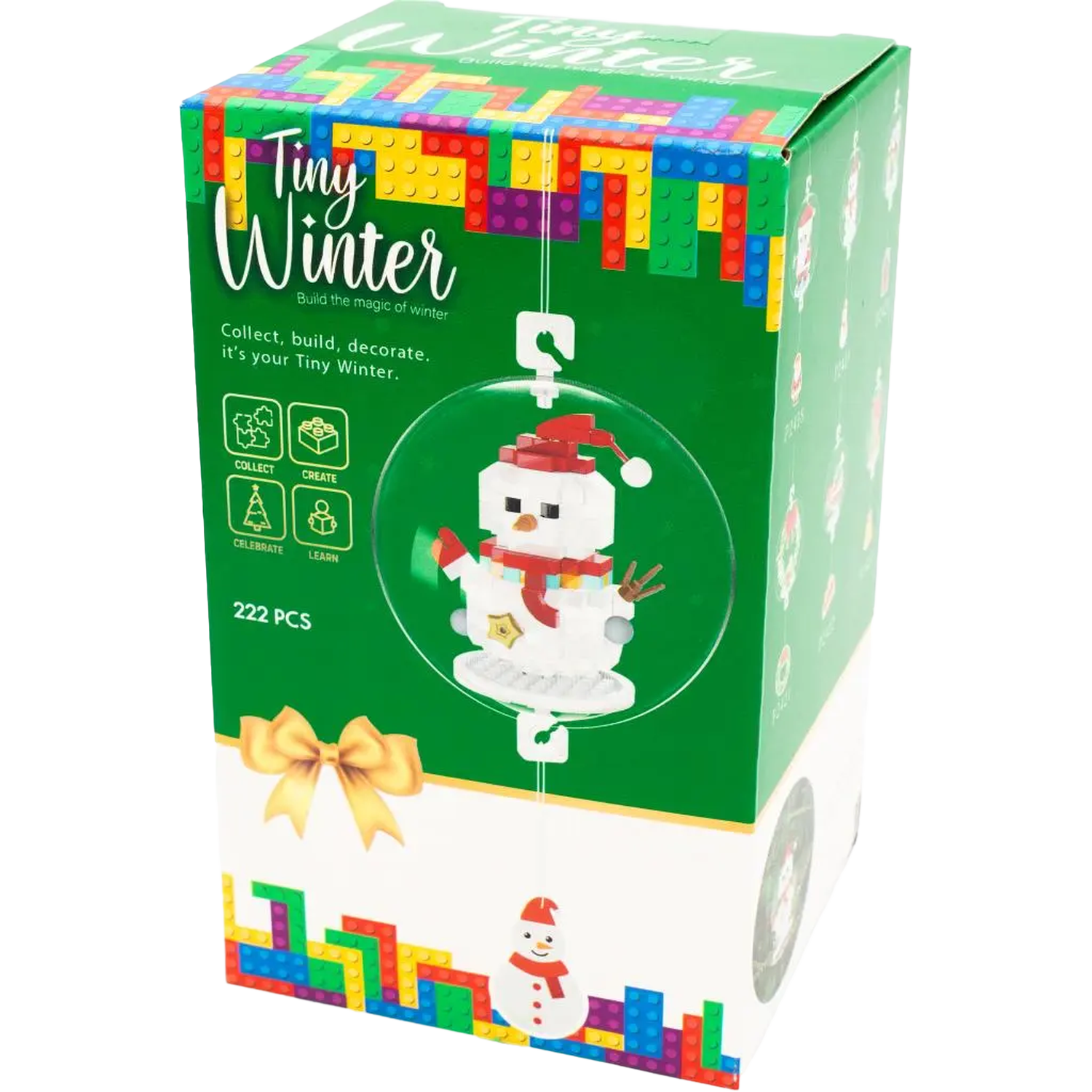 Een doos met een sneeuwpop speelgoed in een doorzichtige bol. De doos is groen en wit, met de woorden 'Tiny Winter'.