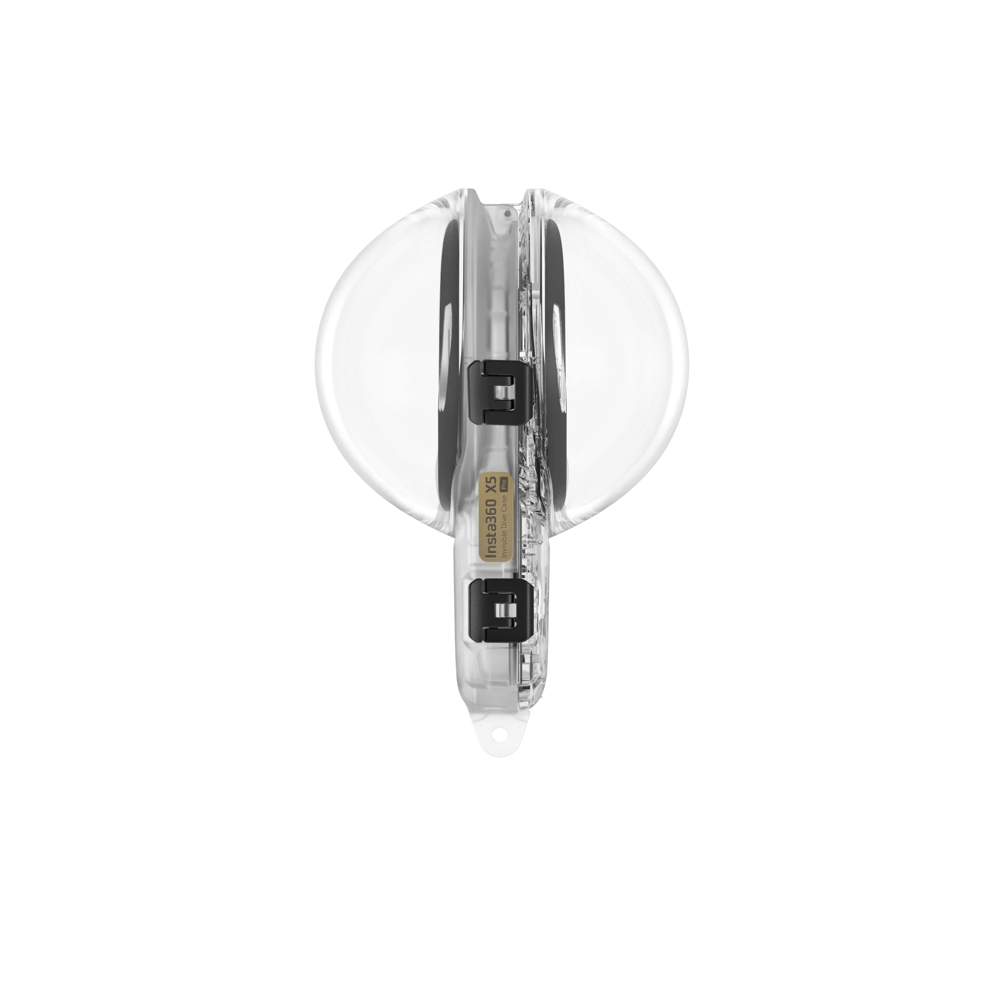 Transparente, abgerundete Insta360 X5 Tauchgehäuse auf schwarzem Hintergrund. Es hat schwarze Verschlüsse und ein goldenes Etikett.