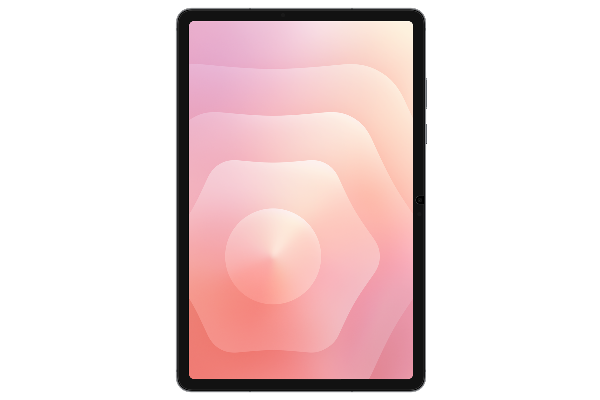 Tablet met roze en perzikkleurig gradiëntontwerp op scherm, zwarte rand, op zwarte achtergrond.