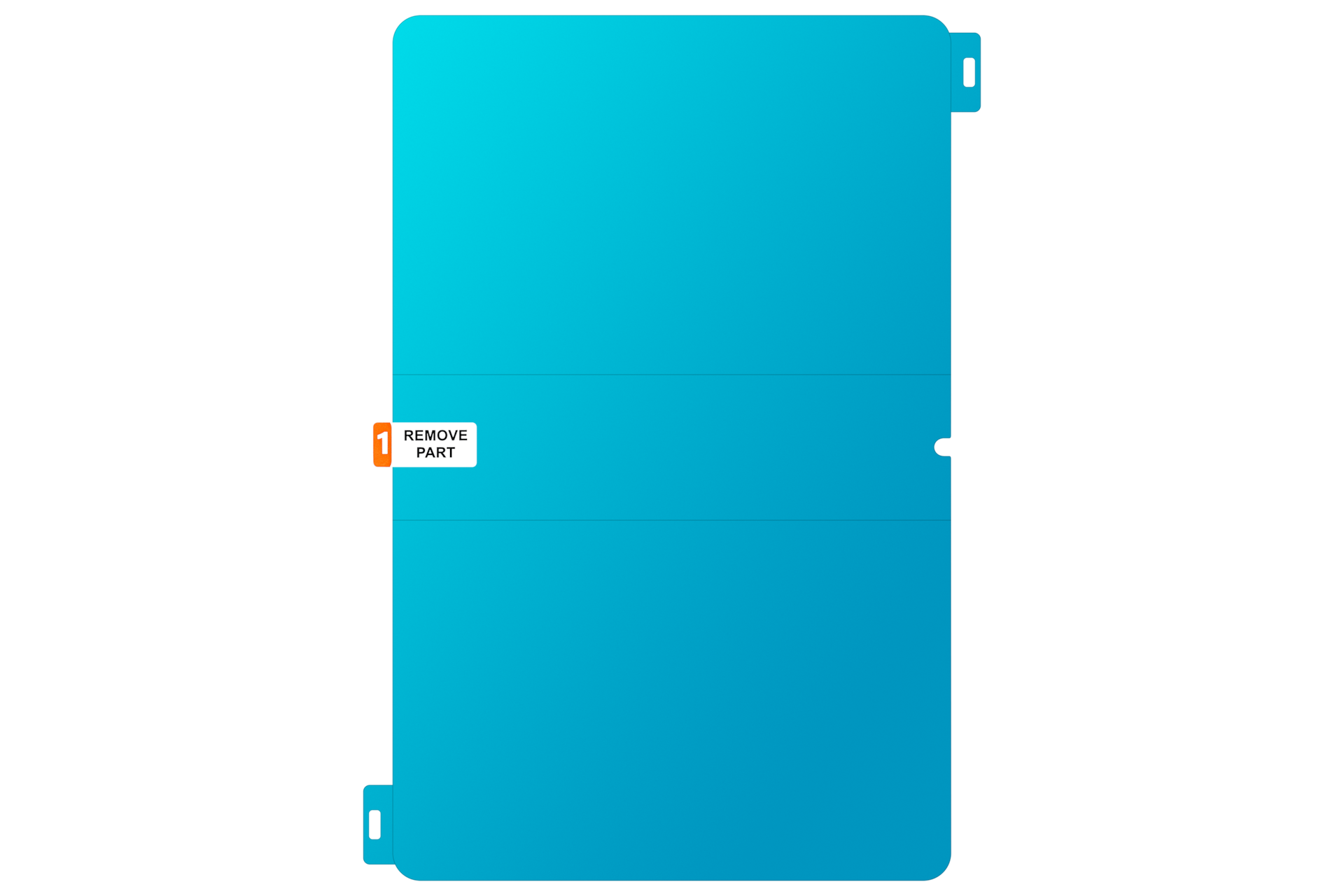 Een rechthoekig, helderblauw object met afgeronde hoeken op een zwarte achtergrond. Het heeft een label met 'REMOVE PART'.