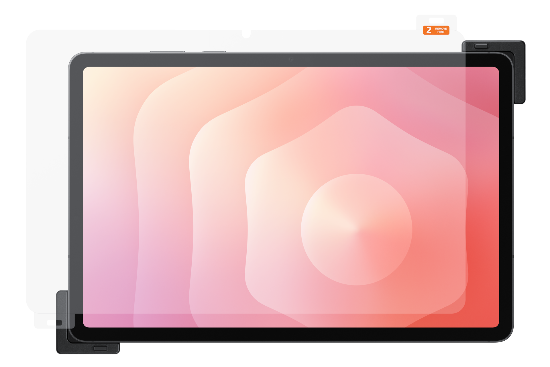 Tablet met een schermbeschermer. Het scherm heeft een verloop van roze en wit. Een zwart frame omringt het.