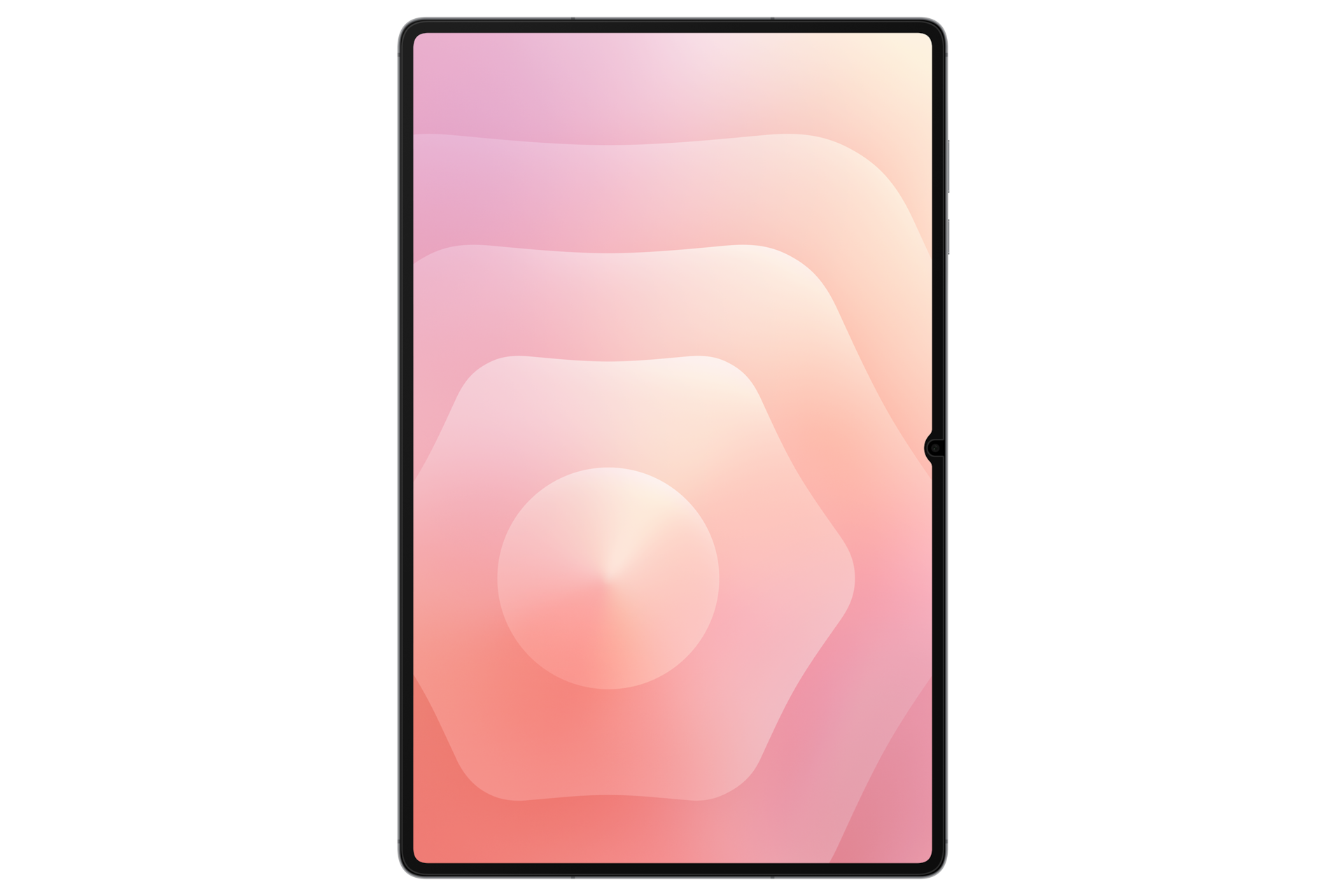 Tablet z gradientowym ekranem. Ekran wyświetla wzór różowych i pomarańczowych fal na czarnym tle.